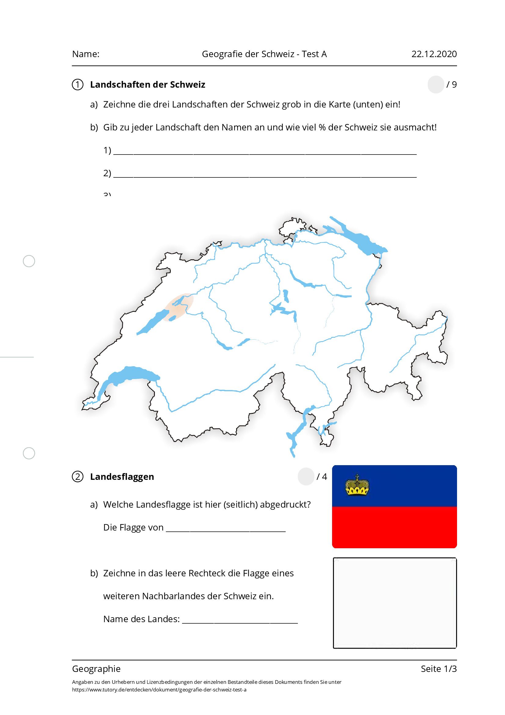 Arbeitsblatt - Geografie Der Schweiz - Test A - Geographie - Tutory.de