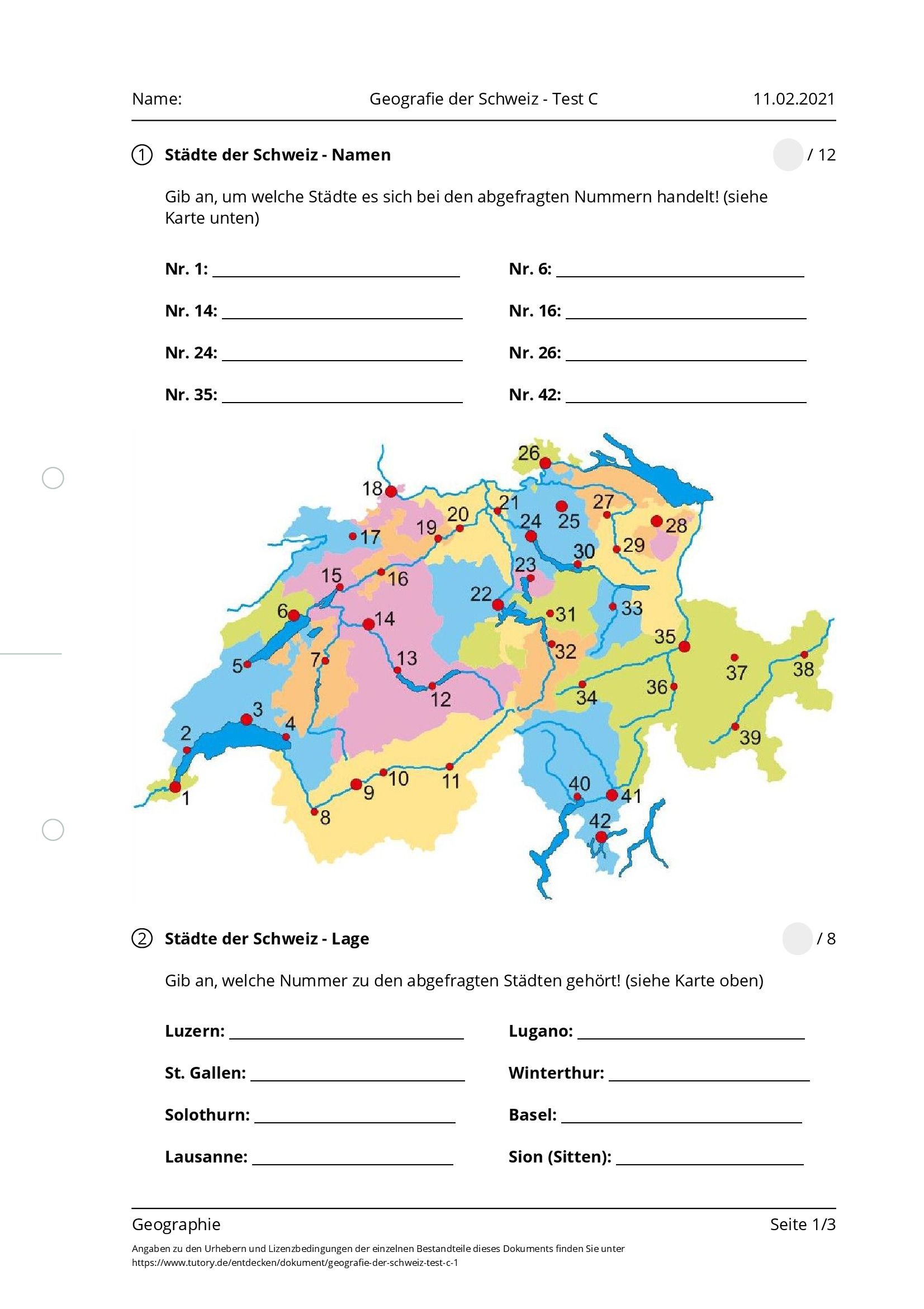 Arbeitsblatt - Geografie Der Schweiz - Test C - Geographie - Tutory.de