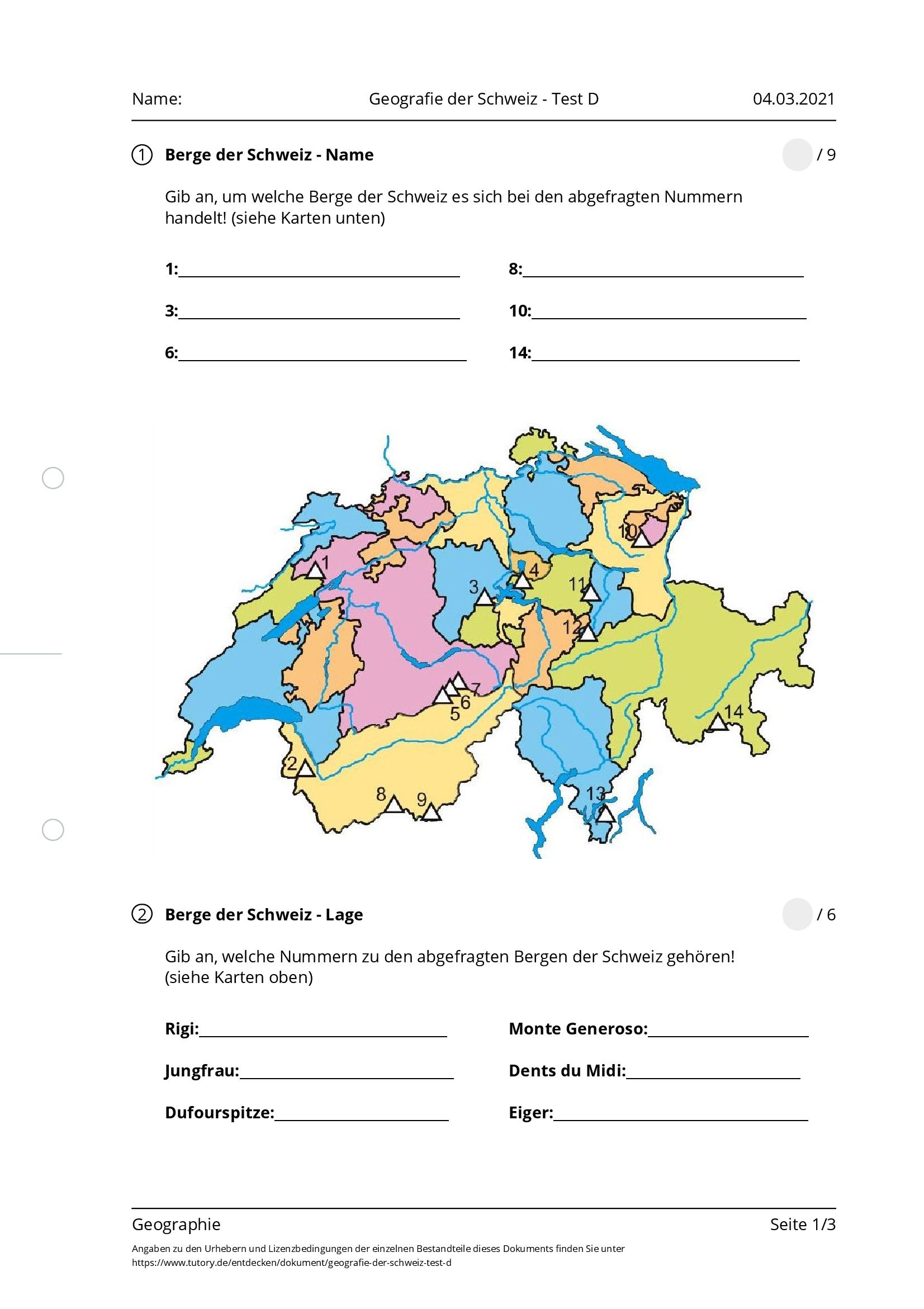 Arbeitsblatt - Geografie Der Schweiz - Test D - Geographie - Tutory.de