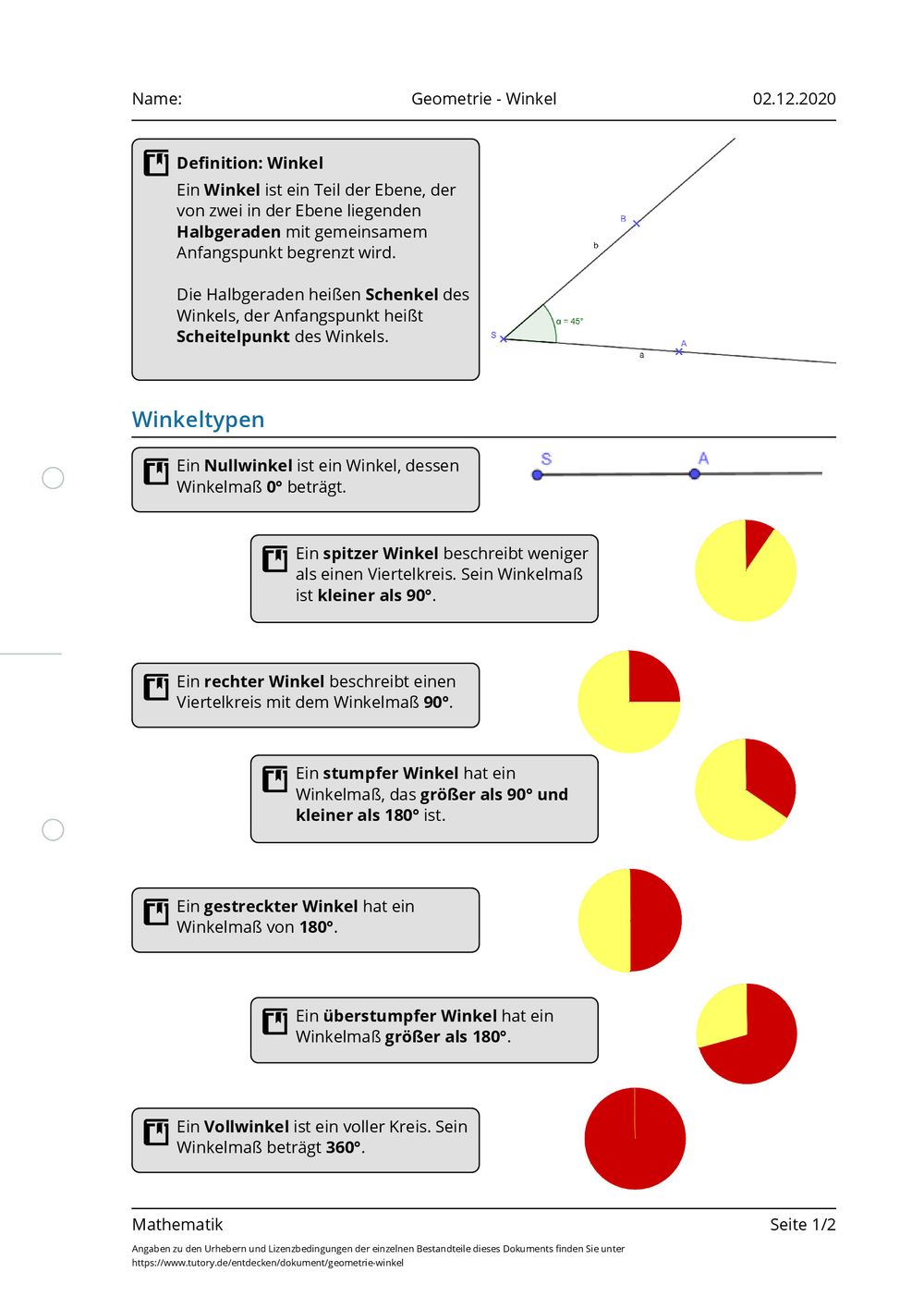 Arbeitsblatt - Geometrie - Winkel - Mathematik - tutory.de