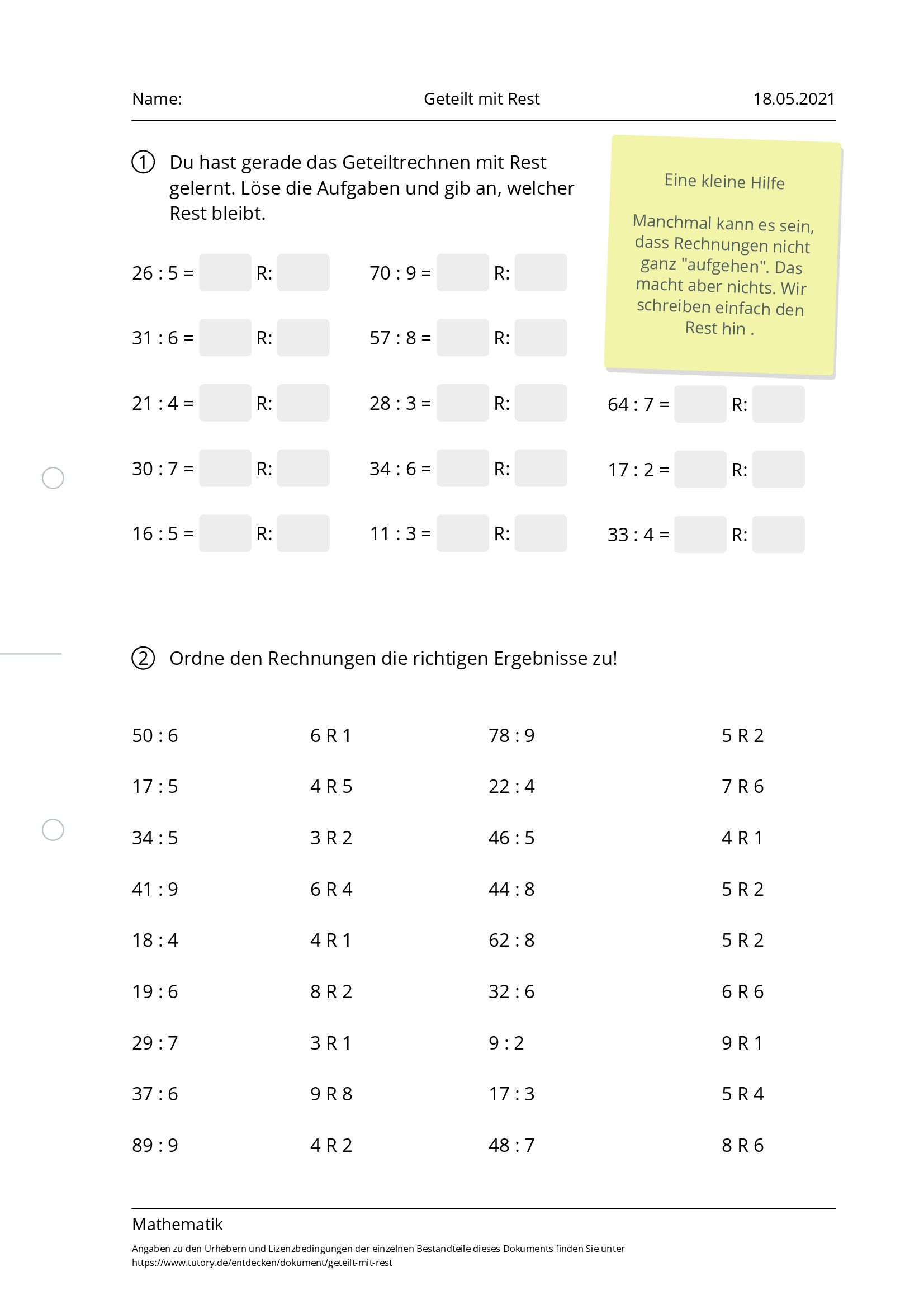 Arbeitsblatt - Geteilt Mit Rest - Mathematik - Tutory.de