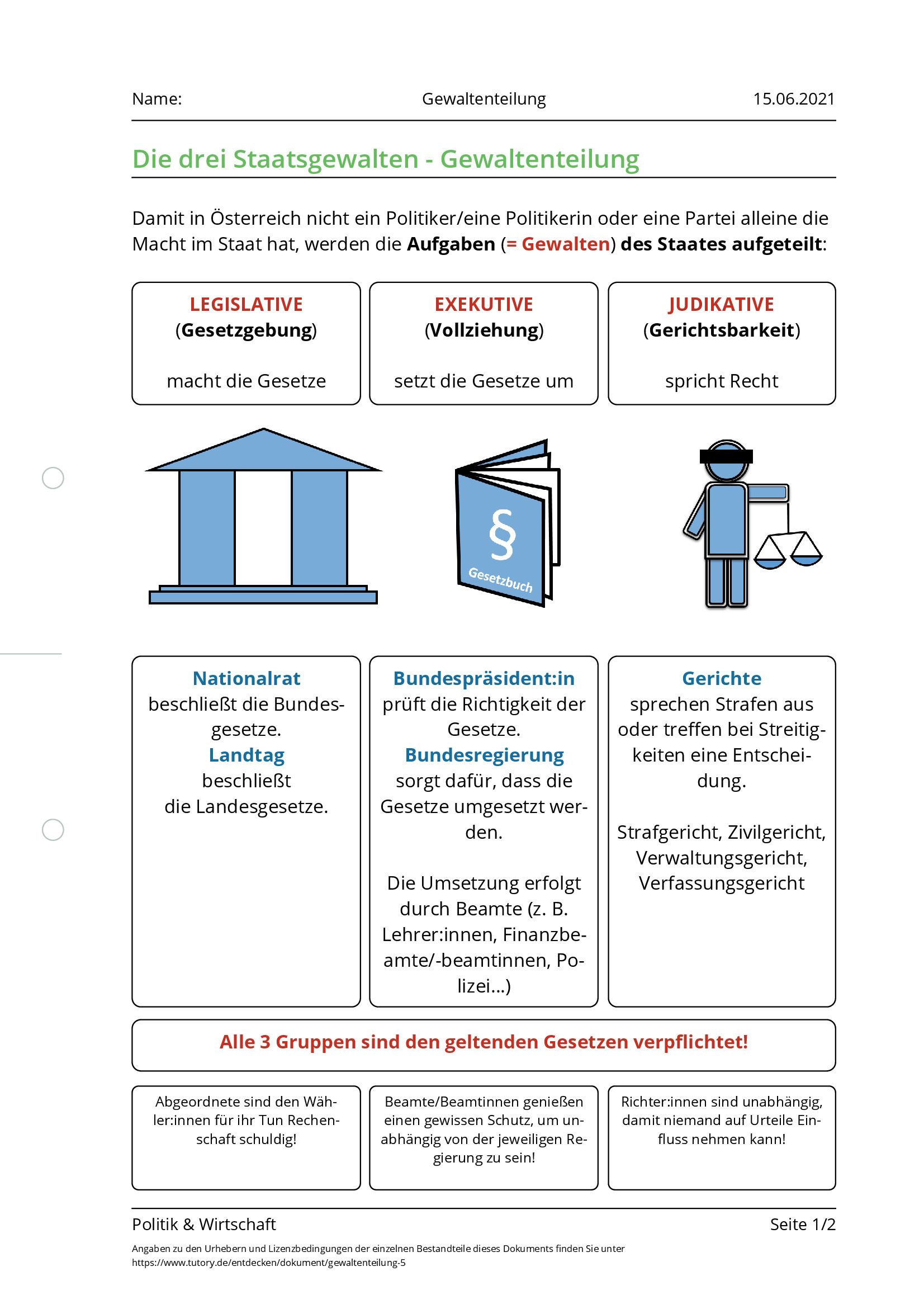 Arbeitsblatt - Gewaltenteilung - Politik & Wirtschaft - Tutory.de