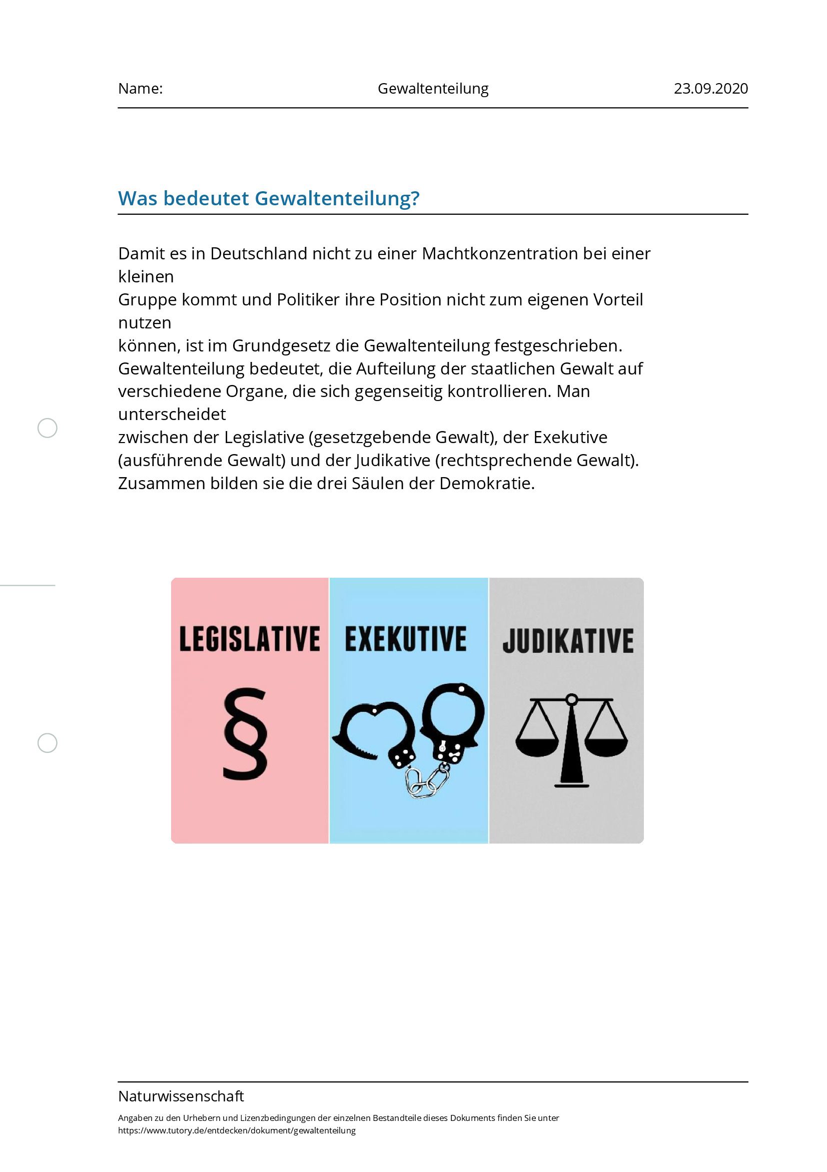 Arbeitsblatt - Gewaltenteilung - Naturwissenschaft - Tutory.de