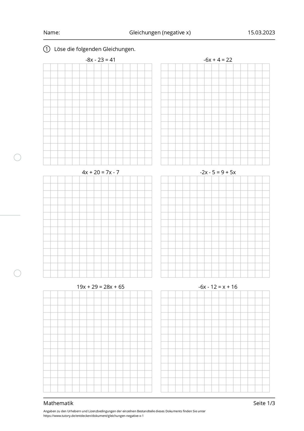 Gleichungen Arbeitsblatt
 Arbeitsblatt Gleichungen negative x Mathematik tutory