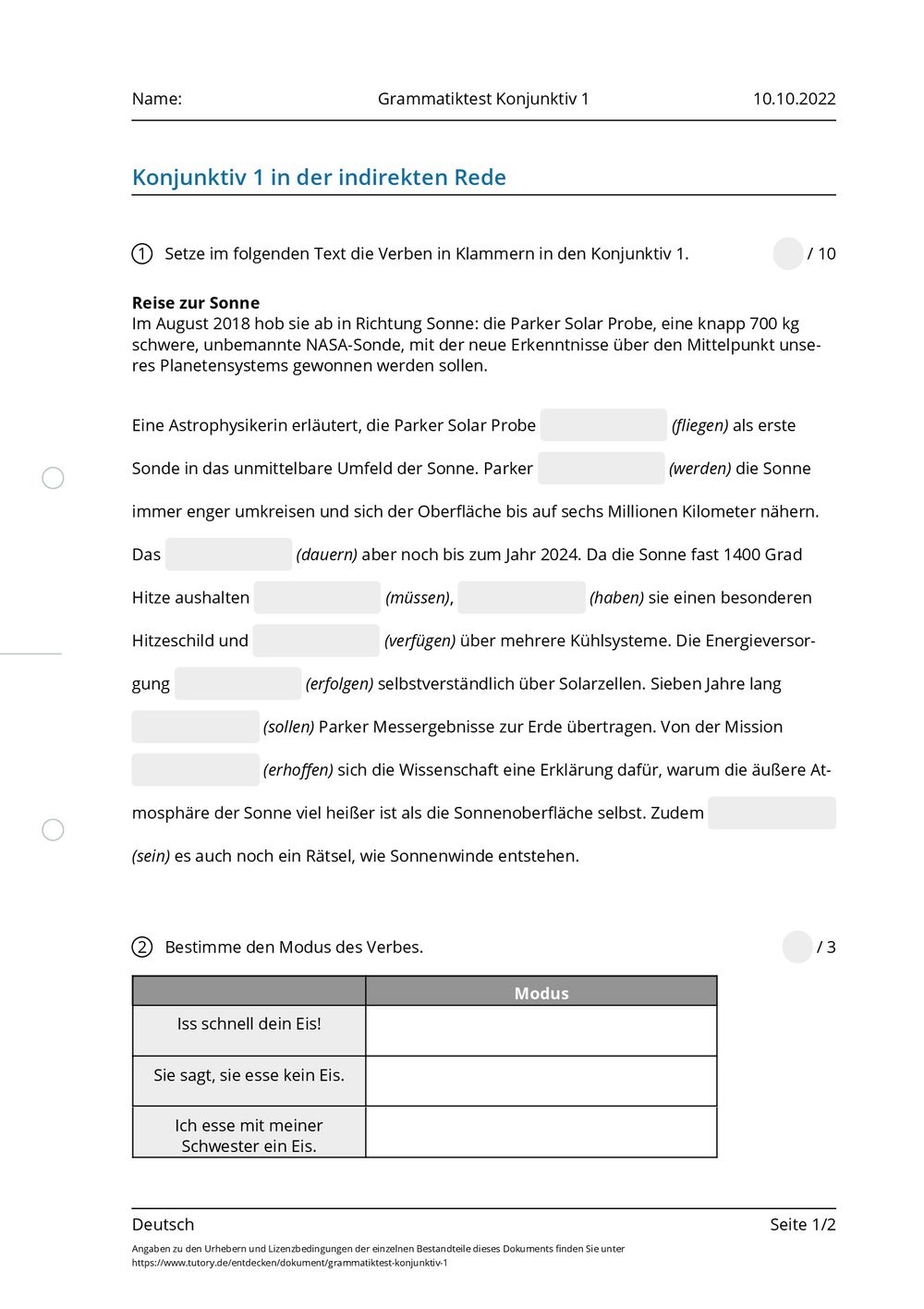 Konjunktiv 1 Arbeitsblätter
 Arbeitsblatt Grammatiktest Konjunktiv 1 Deutsch tutory