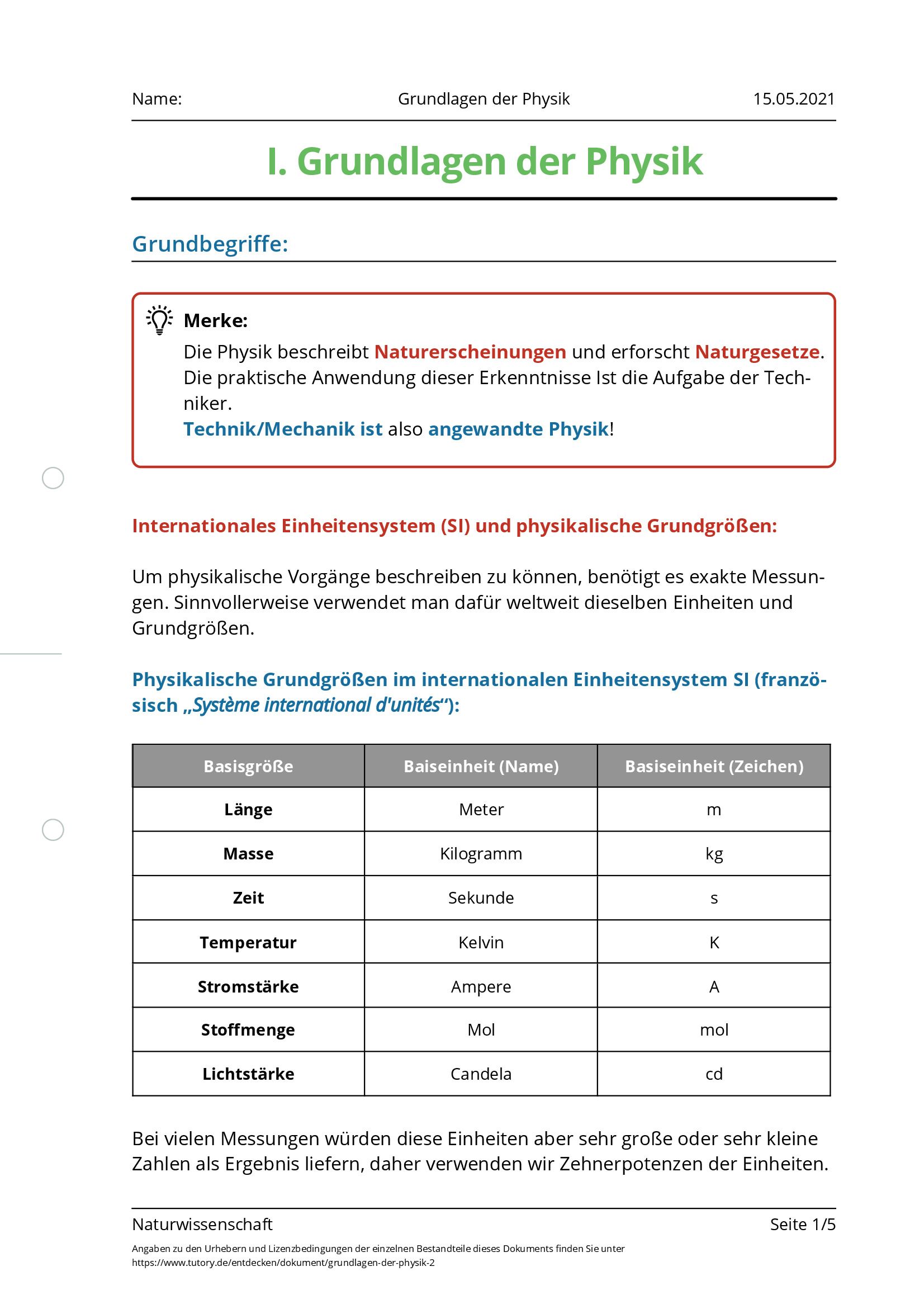 Arbeitsblatt - Grundlagen Der Physik - Naturwissenschaft - Tutory.de