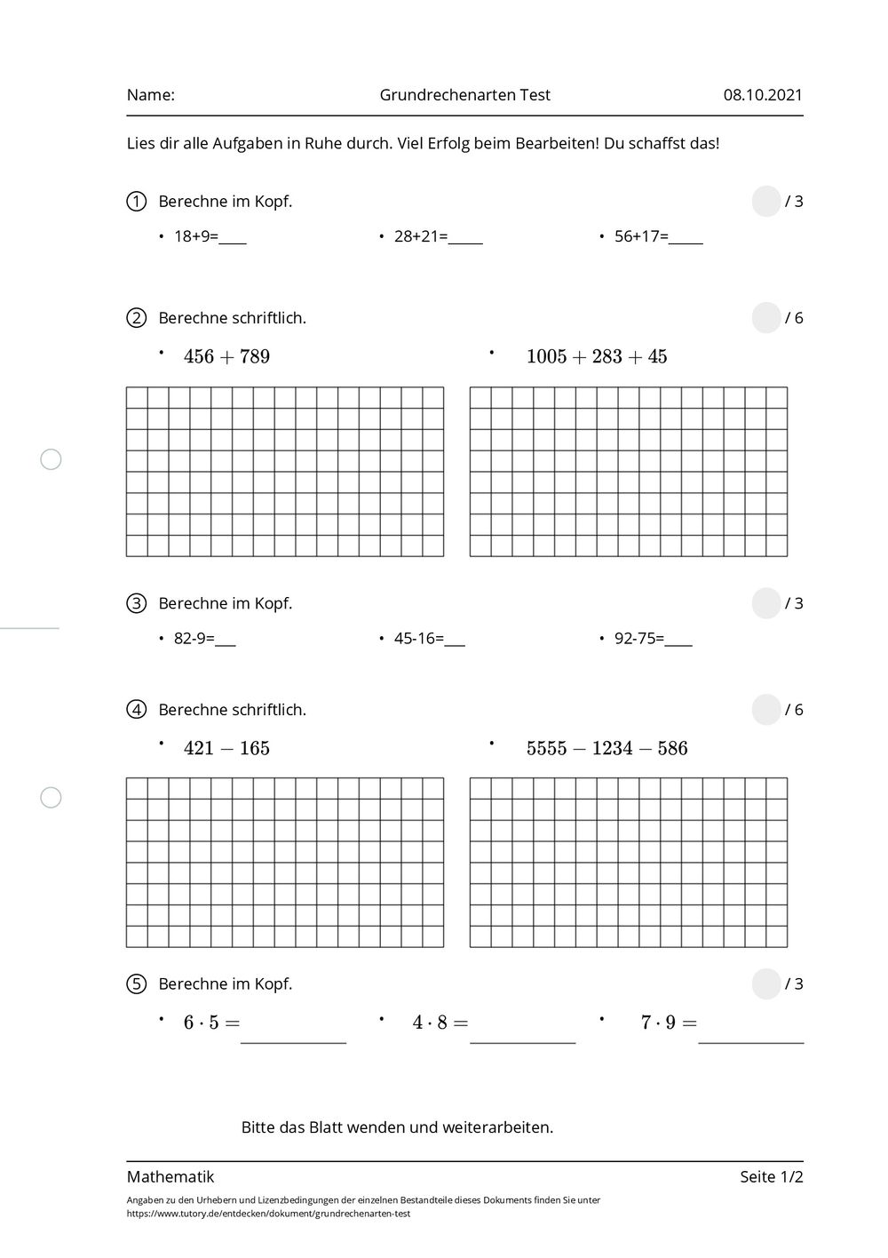 Arbeitsblatt - Grundrechenarten Test - Mathematik - tutory.de