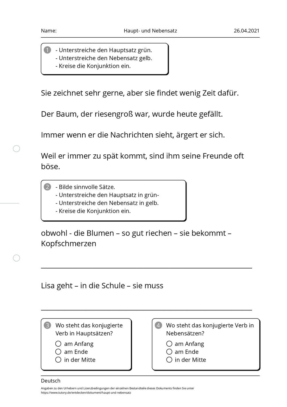 Arbeitsblatt Haupt Und Nebensatz Deutsch Tutory De