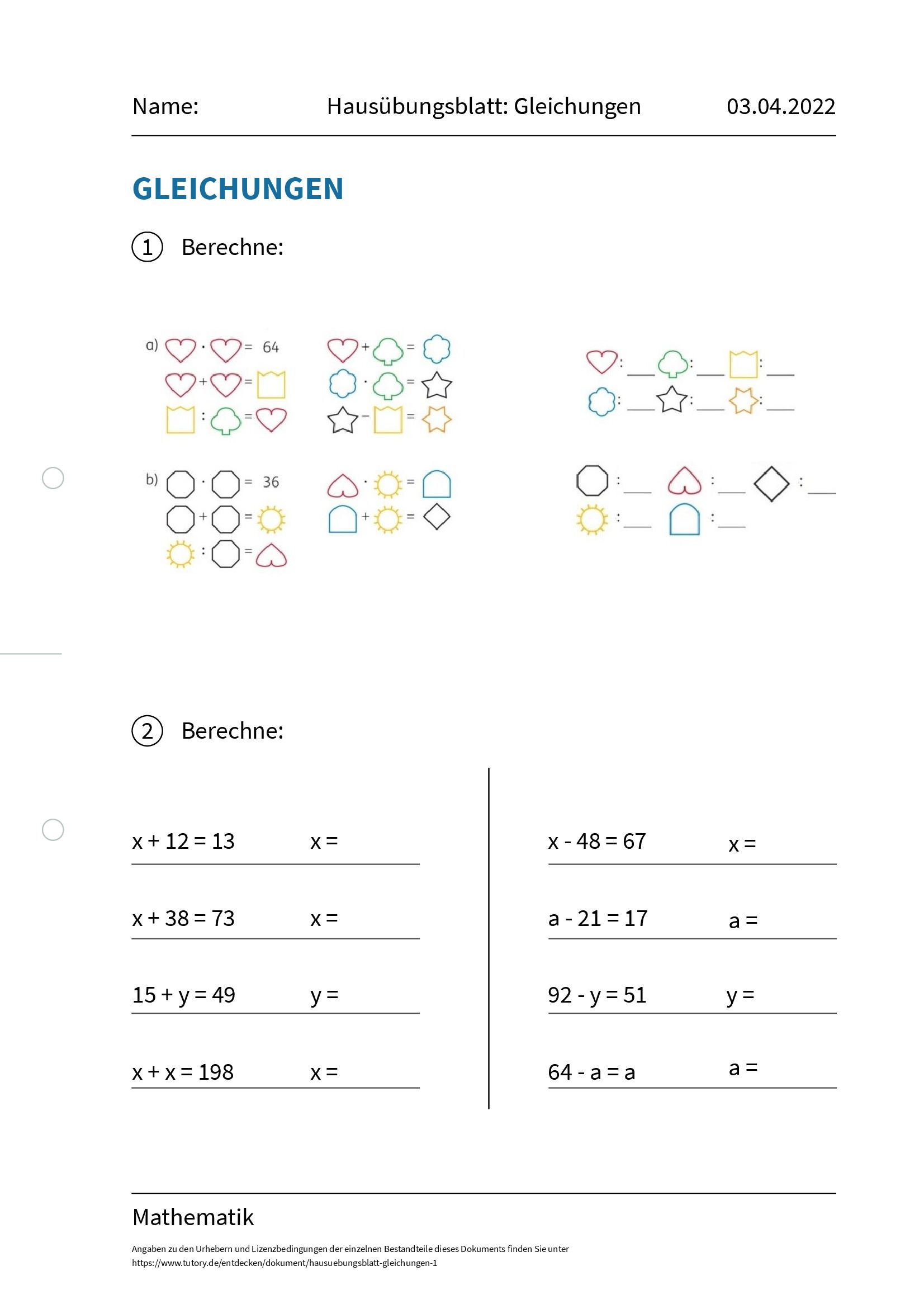 Arbeitsblatt - Hausübungsblatt: Gleichungen - Mathematik - Tutory.de