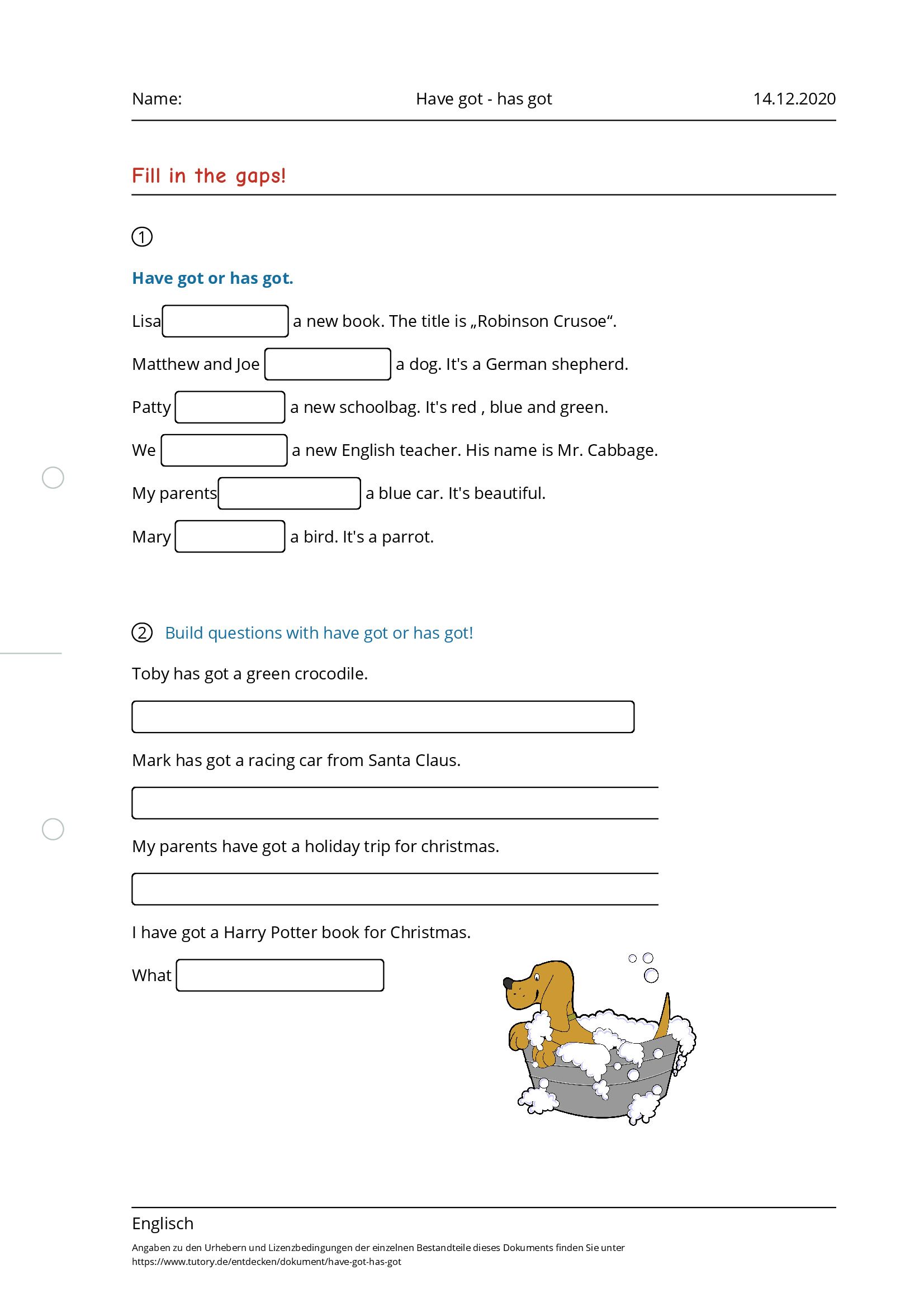 Arbeitsblatt - Have Got - Has Got - Englisch - Tutory.de