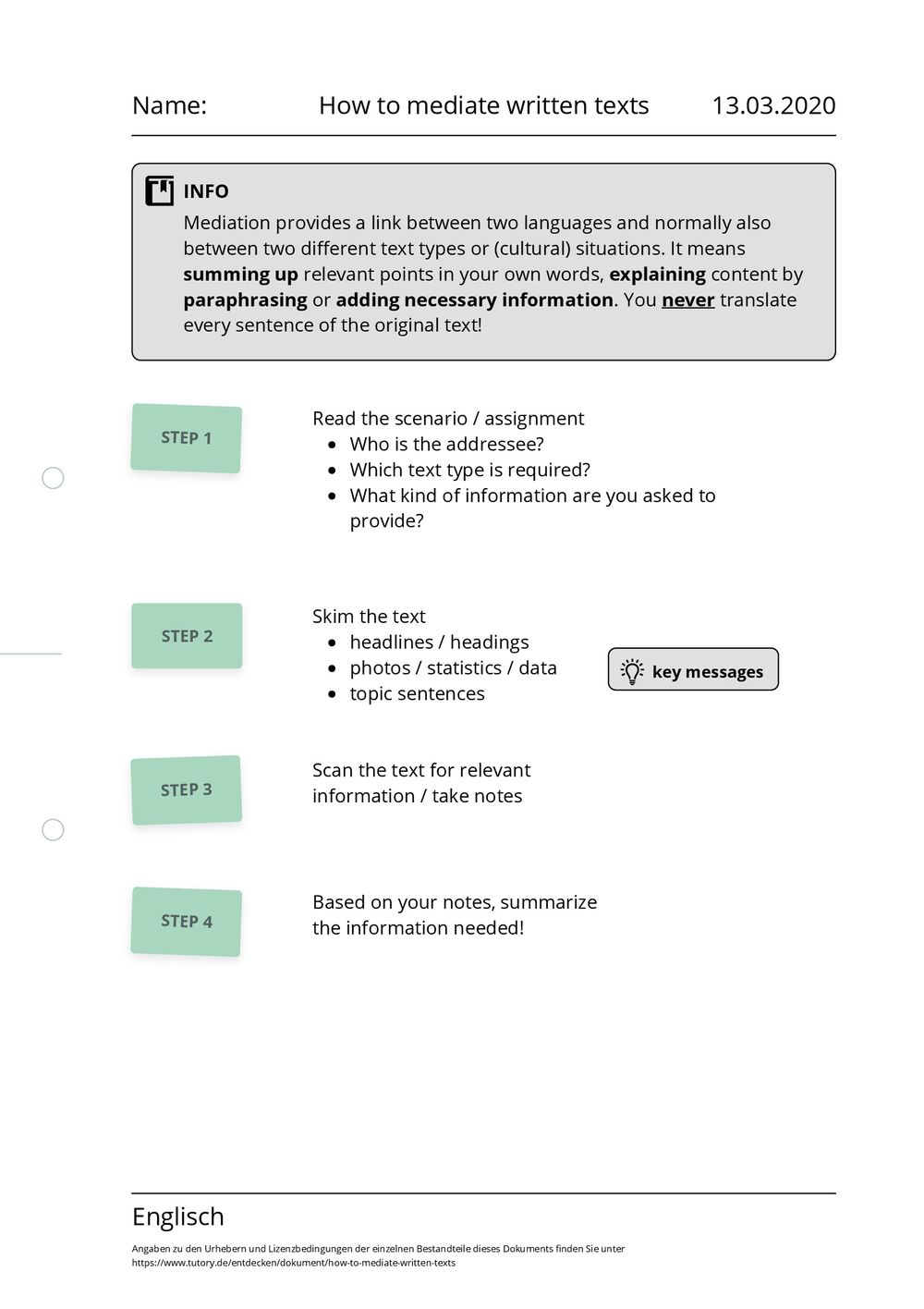 Arbeitsblatt - How to mediate written texts - Englisch