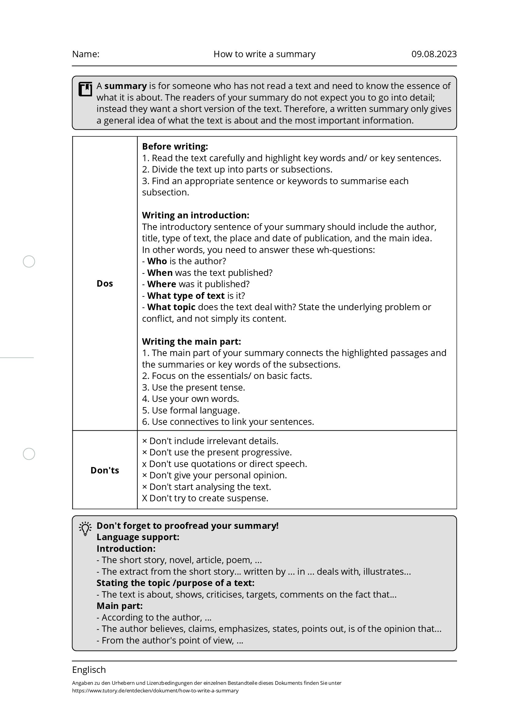 Arbeitsblatt How To Write A Summary Englisch Tutory de