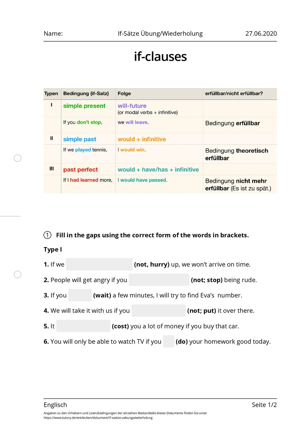 Arbeitsblatt If Sätze Übungwiederholung Englisch Tutoryde 6237