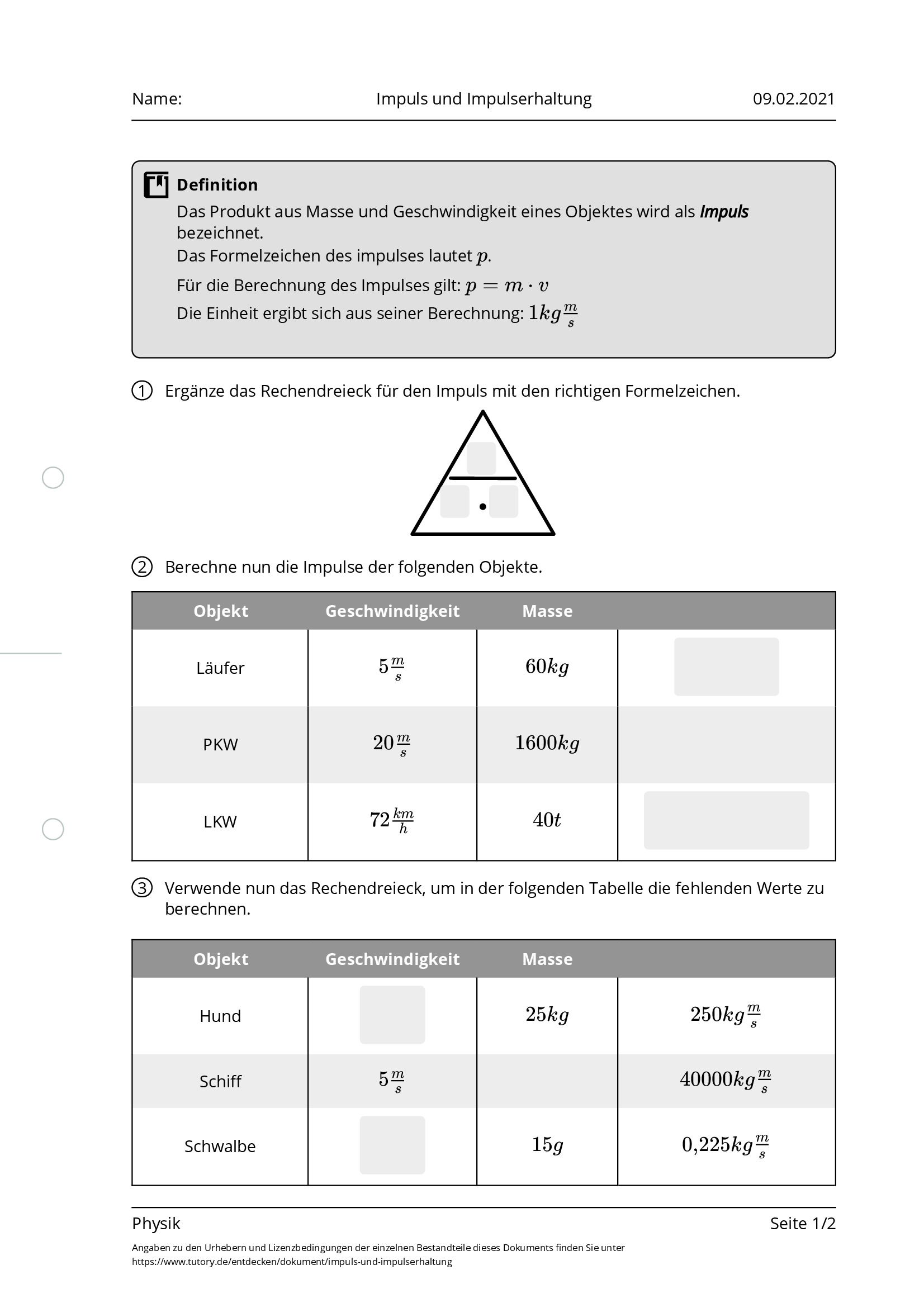 Arbeitsblatt - Impuls Und Impulserhaltung - Physik - Tutory.de