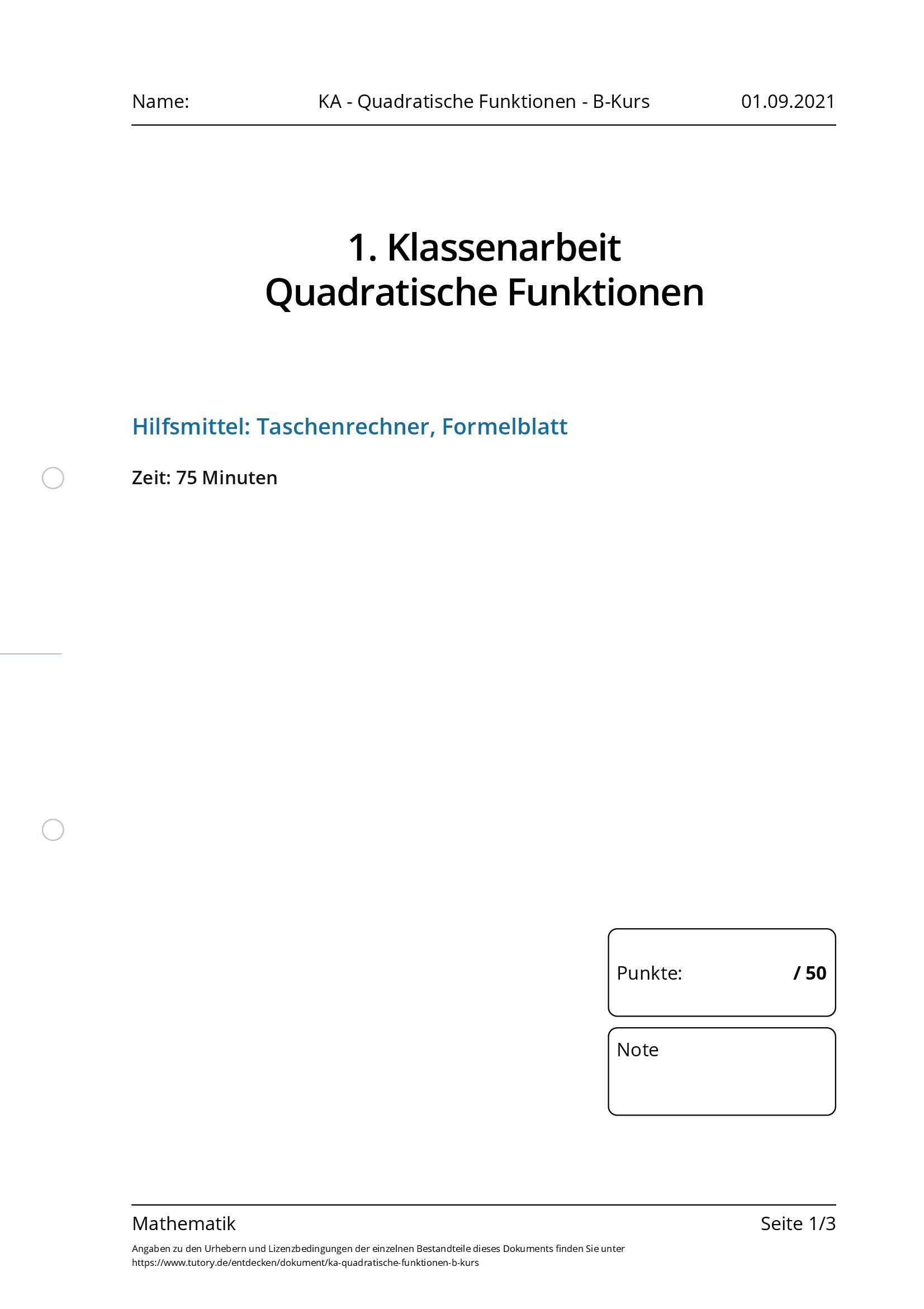 Arbeitsblatt - KA - Quadratische Funktionen - B-Kurs - Mathematik ...