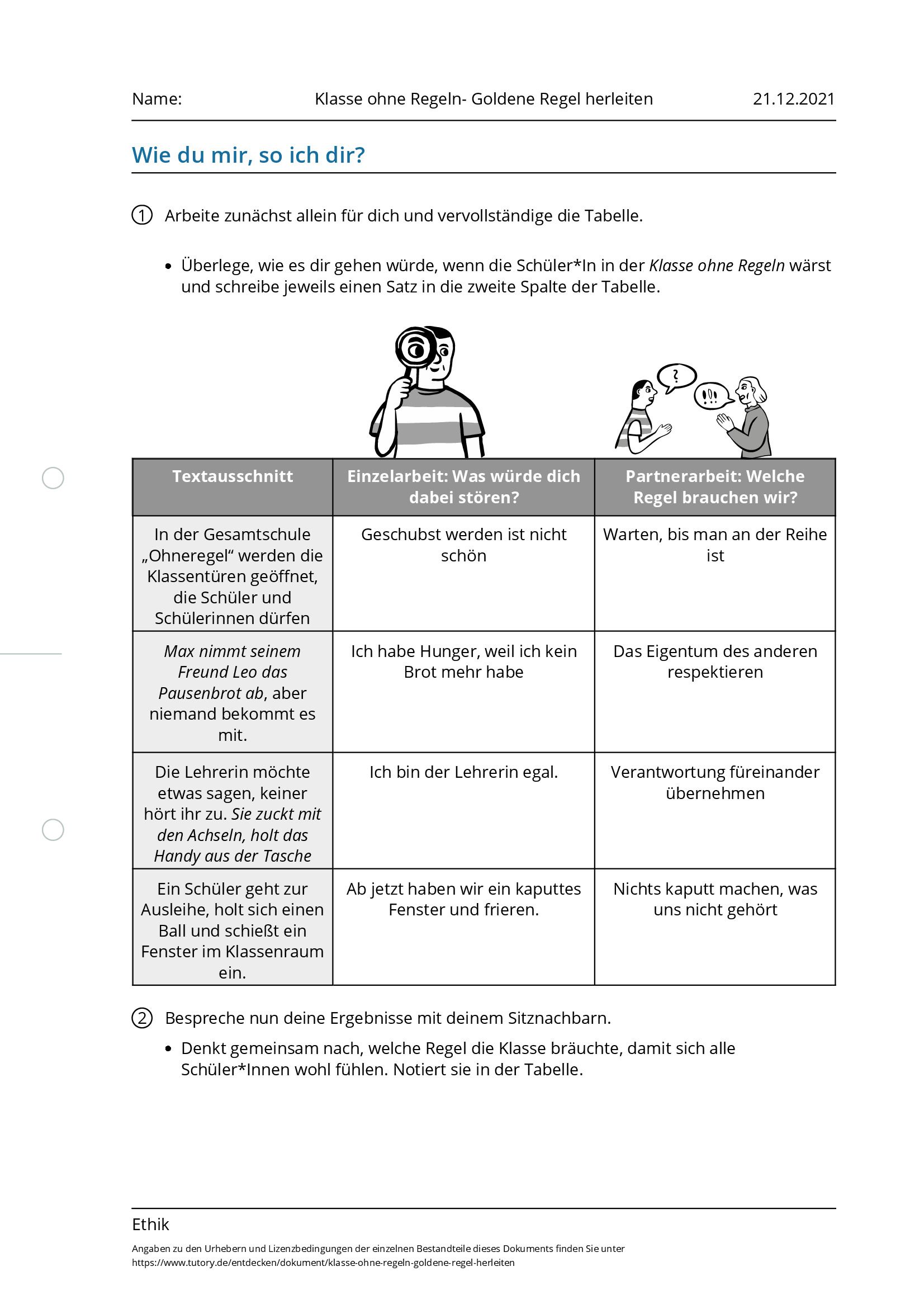 Arbeitsblatt - Klasse Ohne Regeln- Goldene Regel Herleiten - Ethik ...
