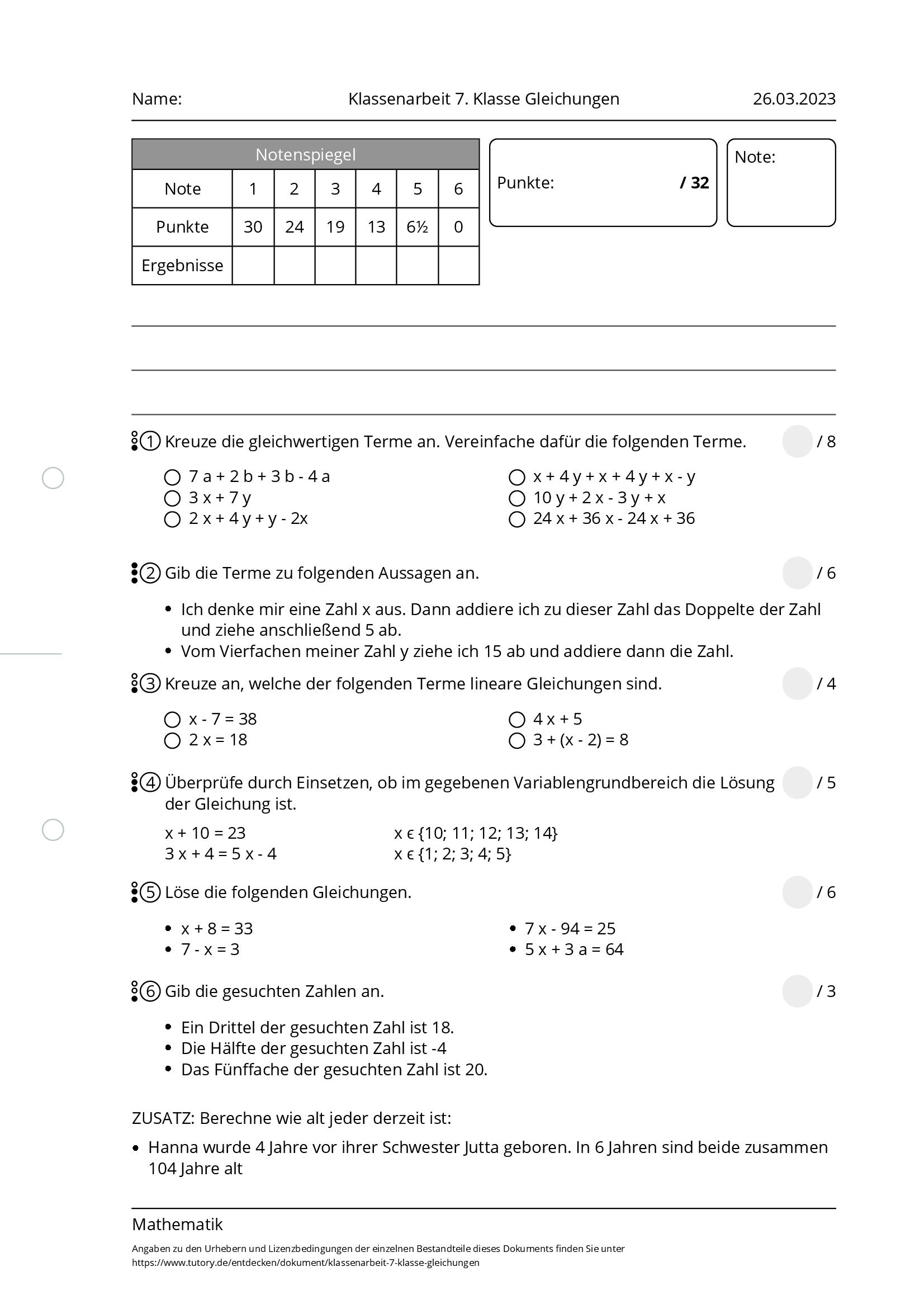 Arbeitsblatt - Klassenarbeit 7. Klasse Gleichungen - Mathematik - Tutory.de