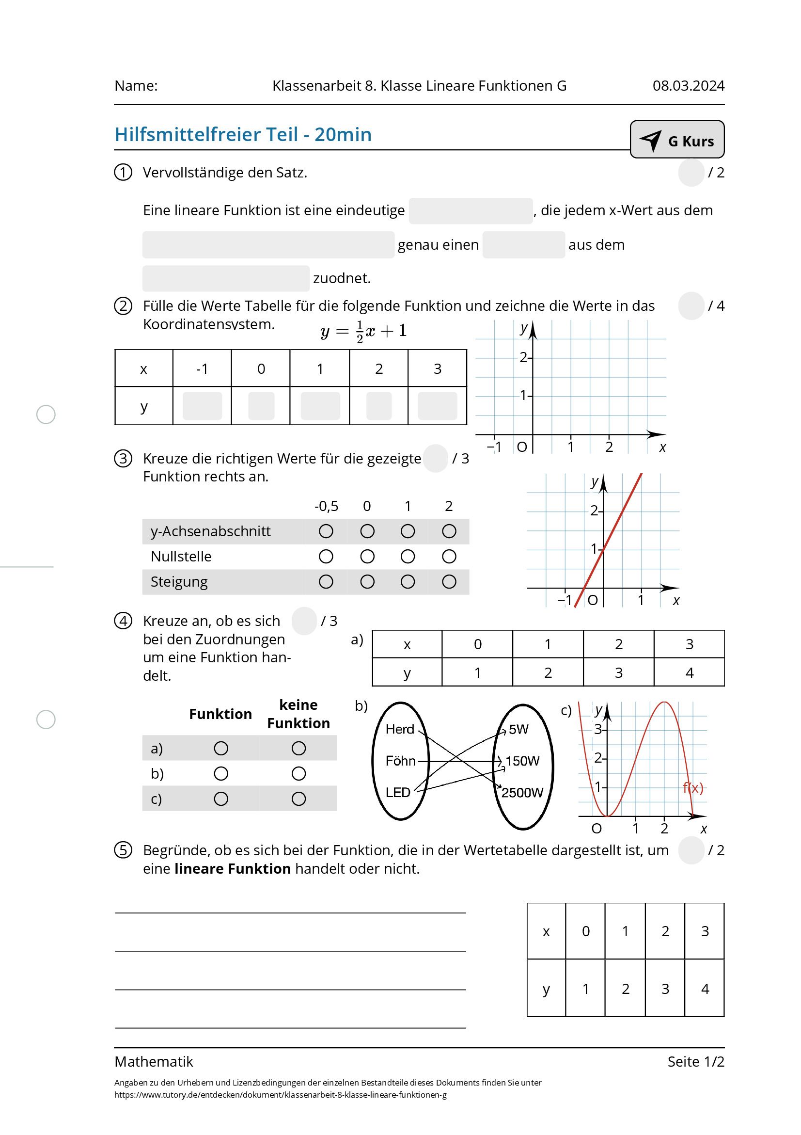 Arbeitsblatt - Klassenarbeit 8. Klasse Lineare Funktionen G ...