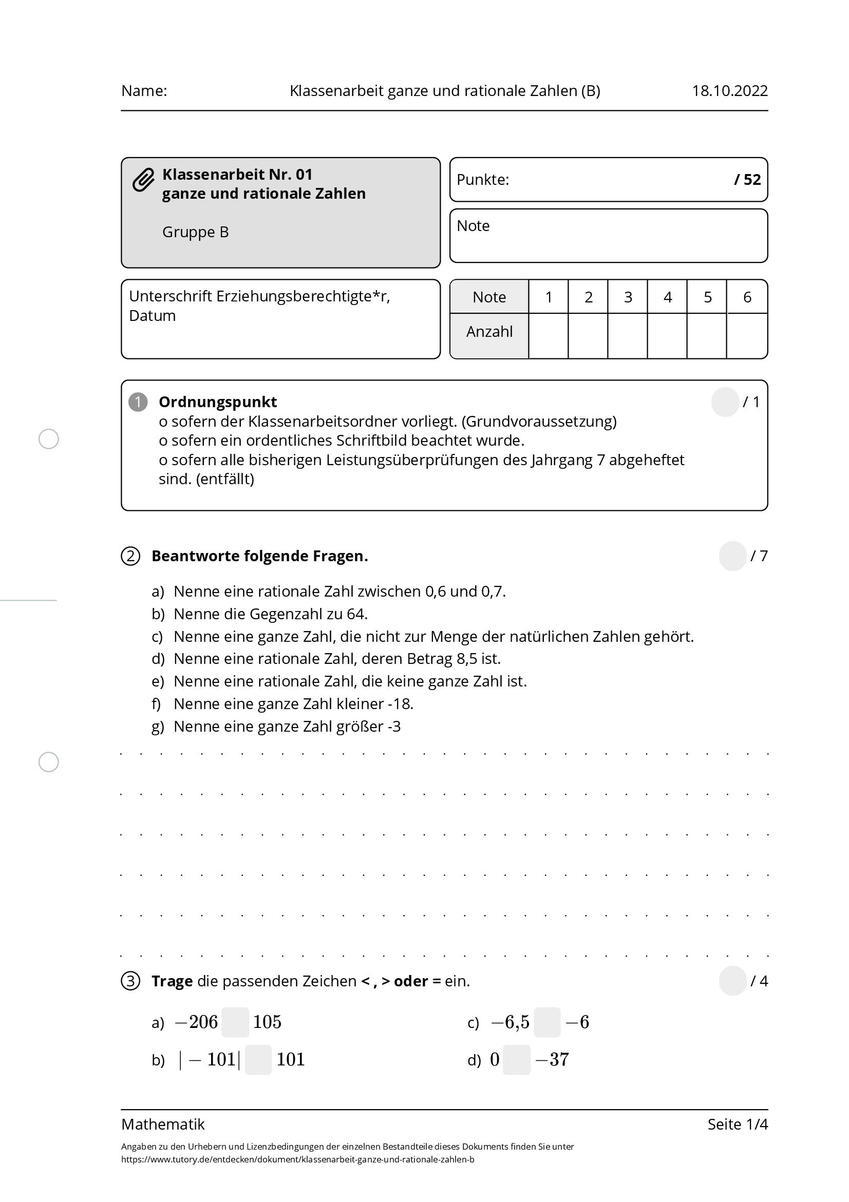 Arbeitsblatt - Klassenarbeit Ganze Und Rationale Zahlen (B ...