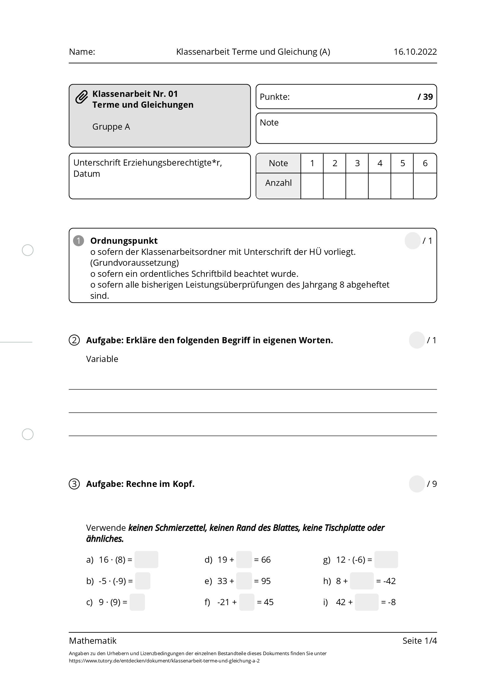 Arbeitsblatt - Klassenarbeit Terme Und Gleichung (A) - Mathematik ...