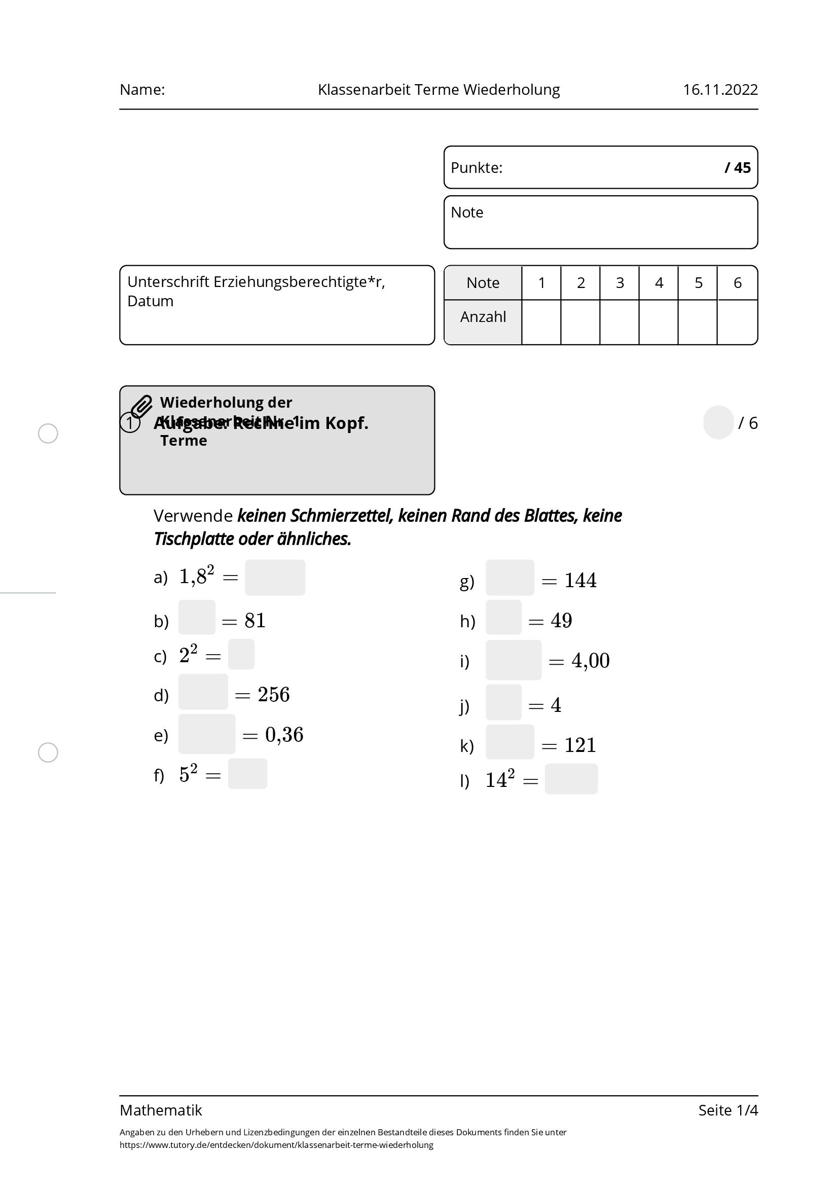 Arbeitsblatt - Klassenarbeit Terme Wiederholung - Mathematik - Tutory.de