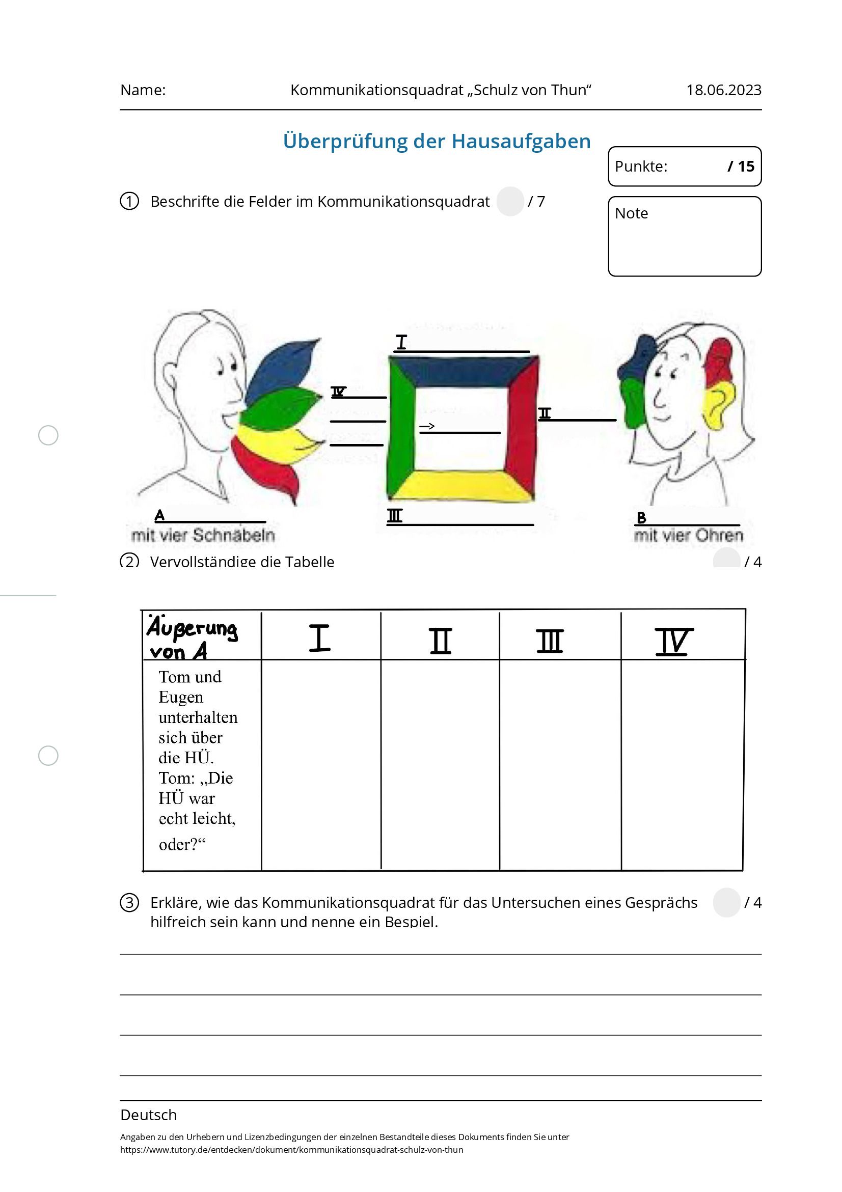 Arbeitsblatt - Kommunikationsquadrat „Schulz Von Thun“ - Deutsch ...