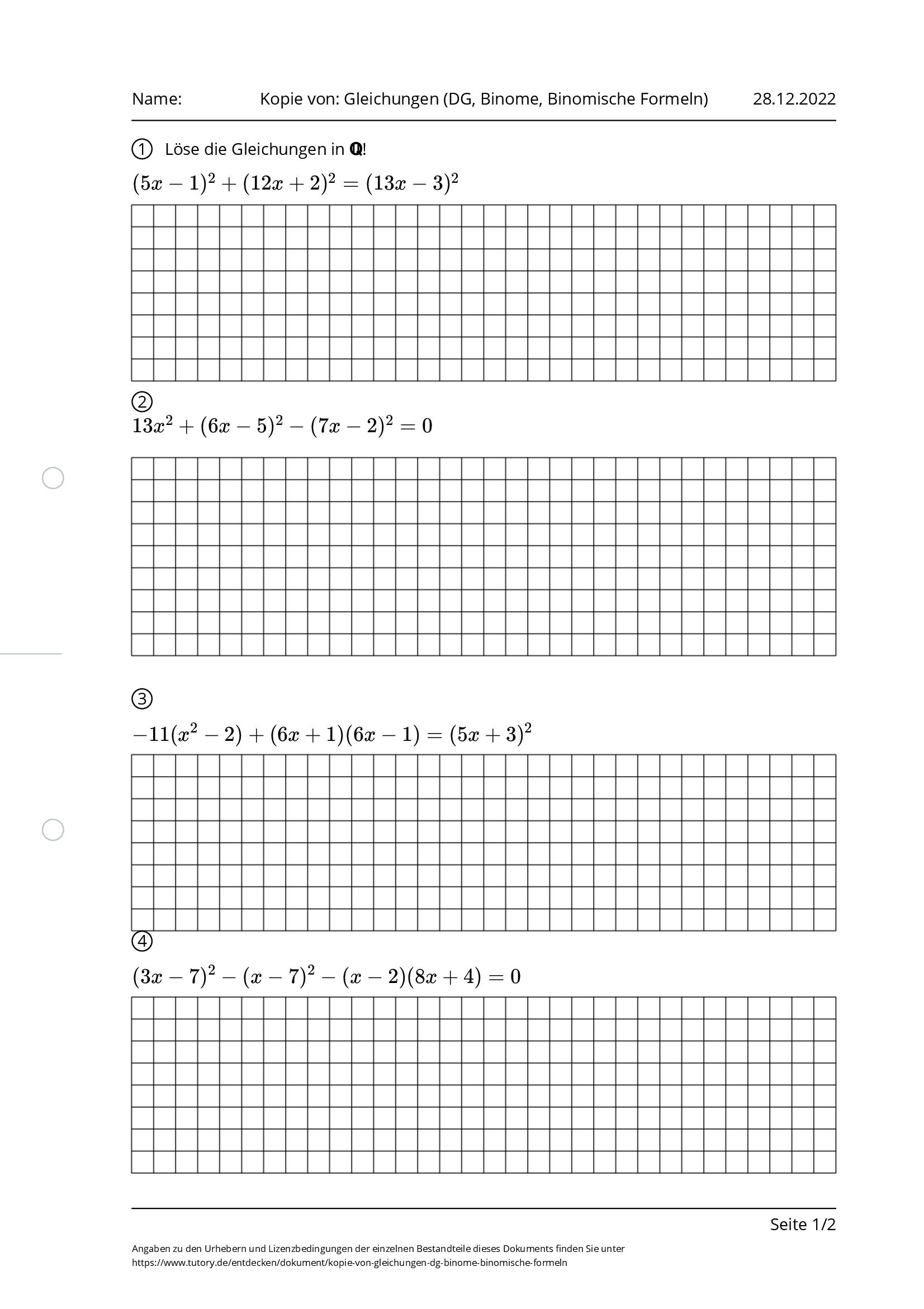Arbeitsblatt - Kopie Von: Gleichungen (DG, Binome, Binomische Formeln ...