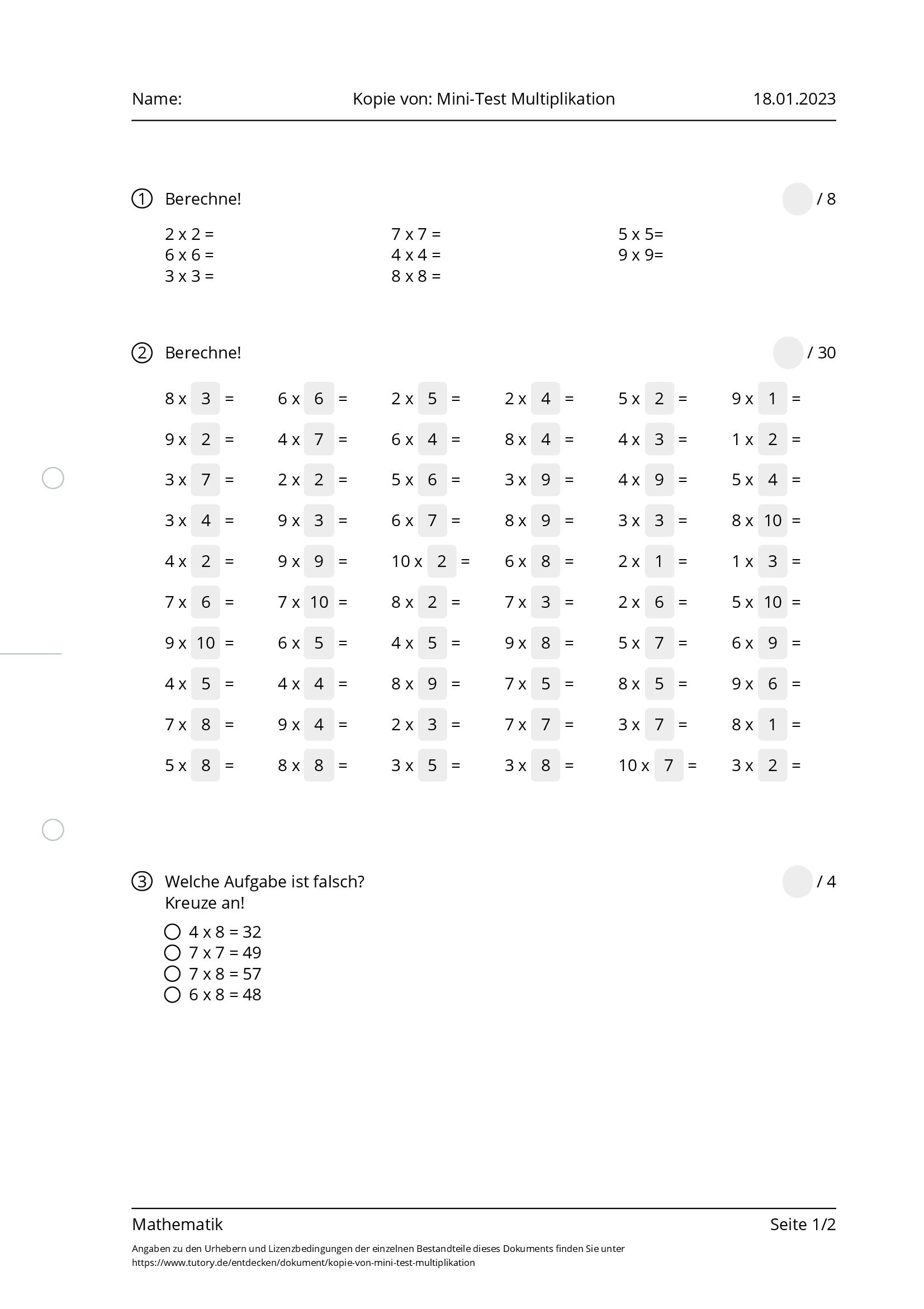 Arbeitsblatt - Kopie Von: Mini-Test Multiplikation - Mathematik - Tutory.de