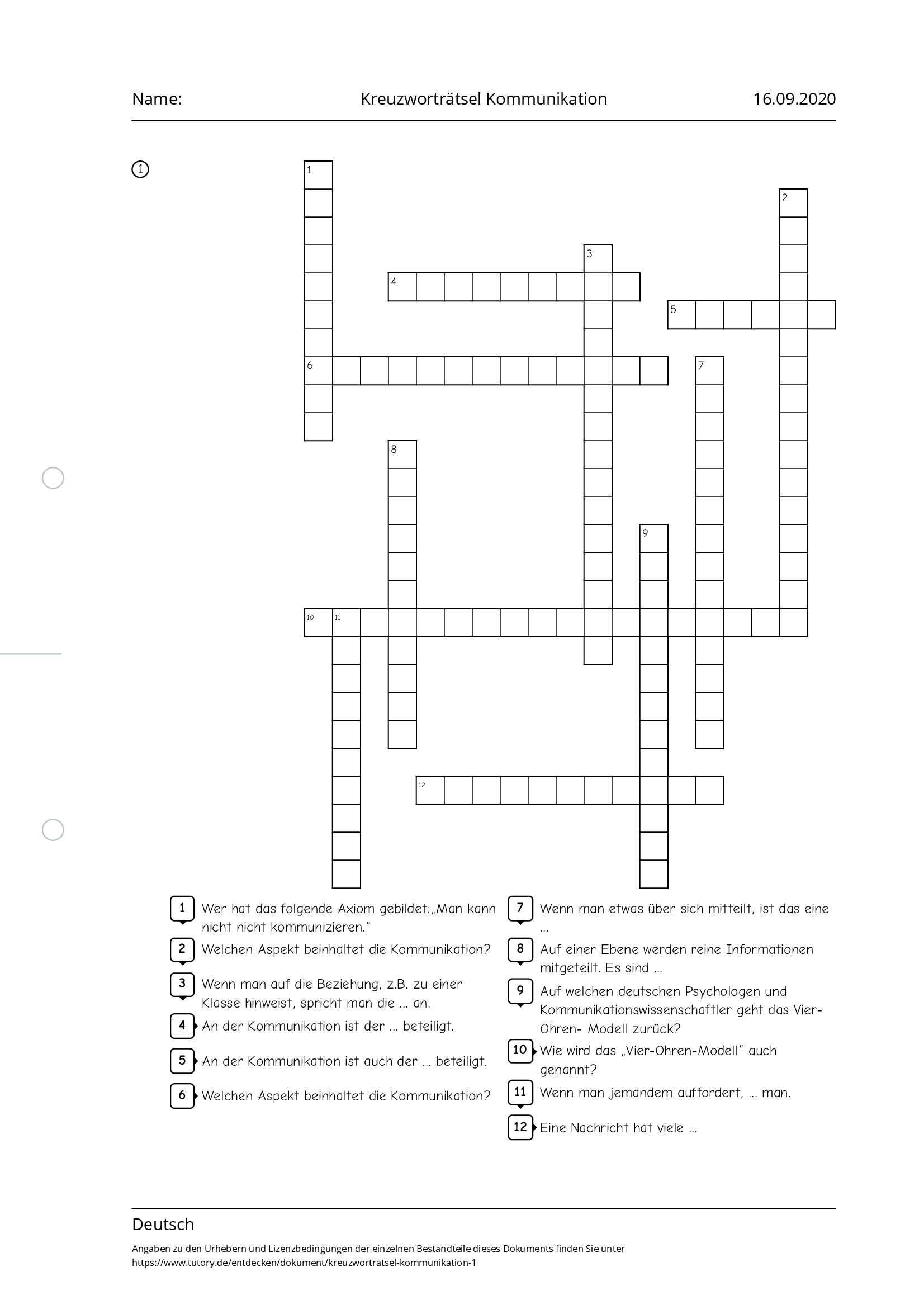 Arbeitsblatt - Kreuzworträtsel Kommunikation - Deutsch - Tutory.de