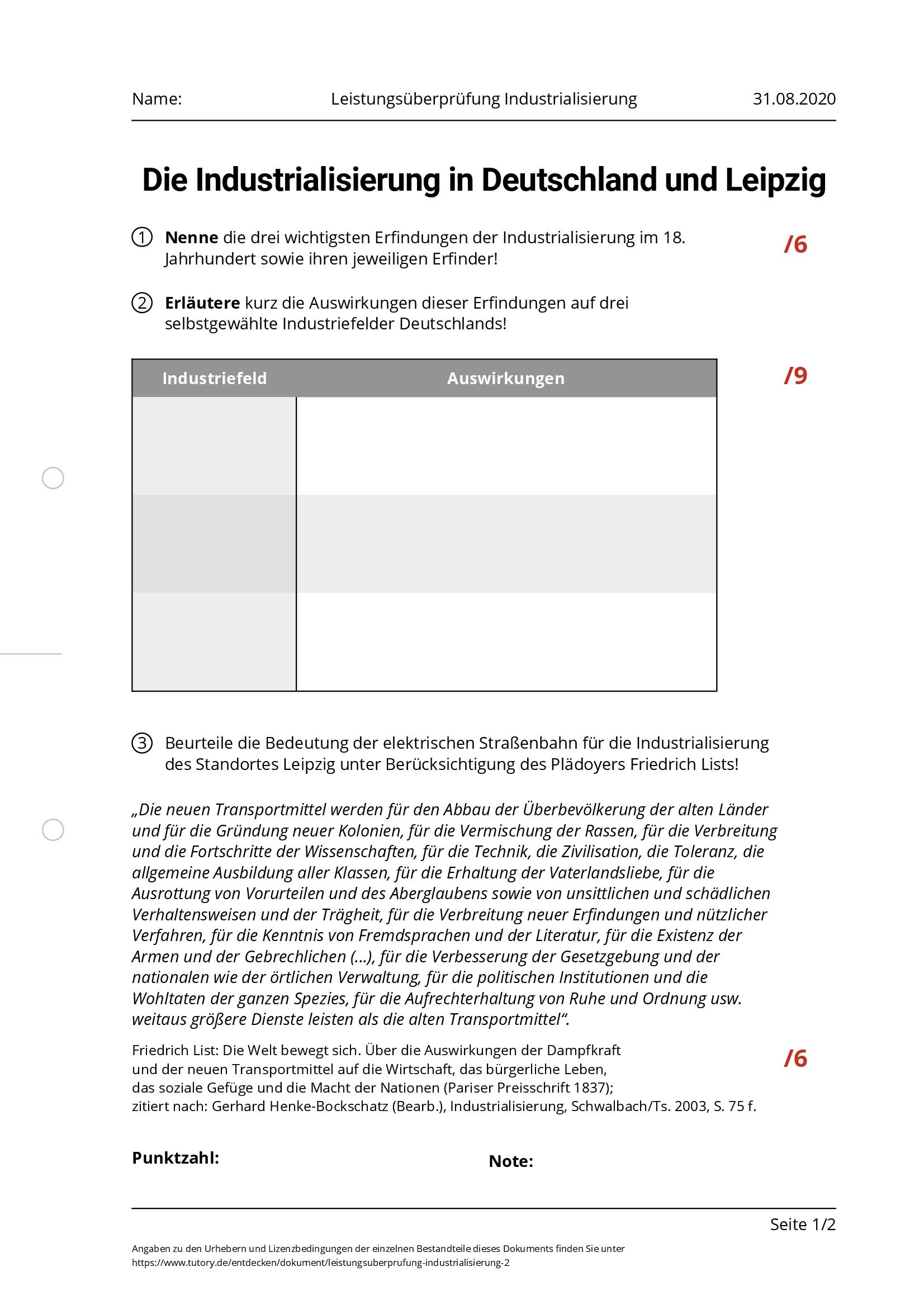 Arbeitsblatt - Leistungsüberprüfung Industrialisierung - Tutory.de