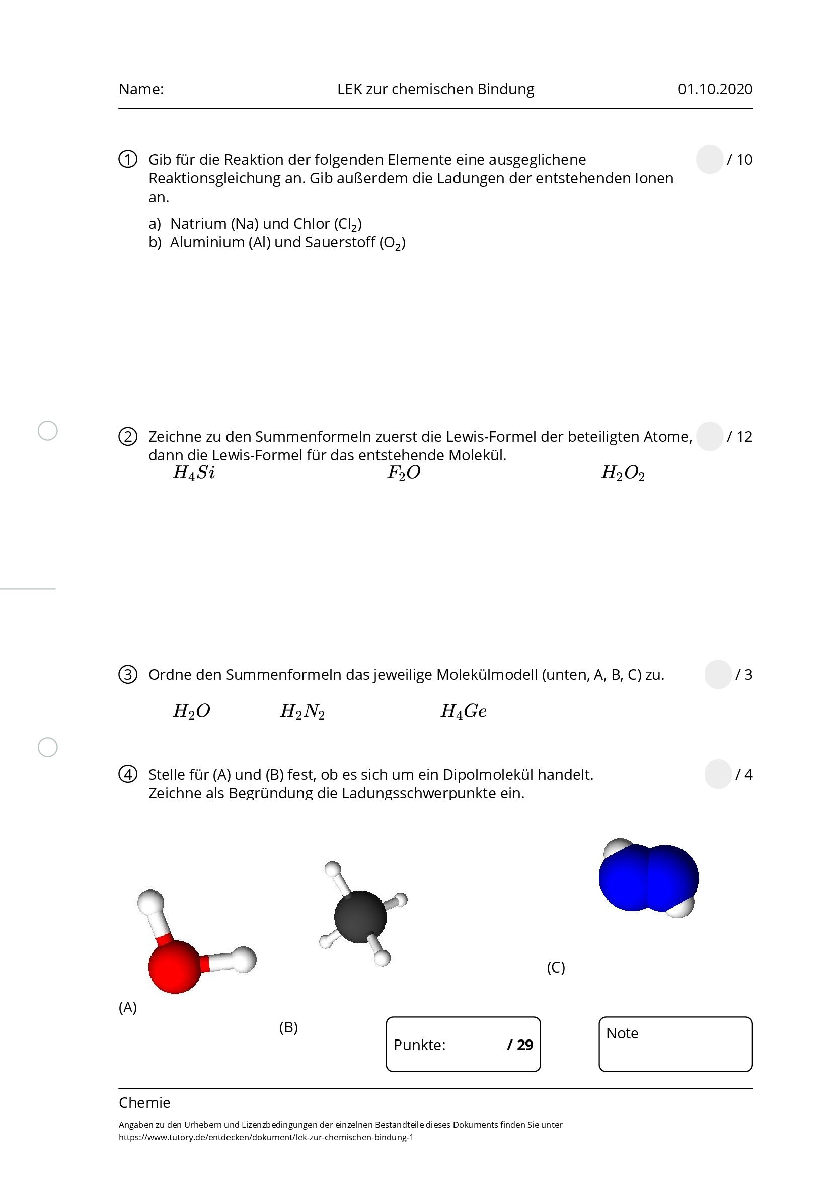 Arbeitsblatt - LEK Zur Chemischen Bindung - Chemie - Tutory.de