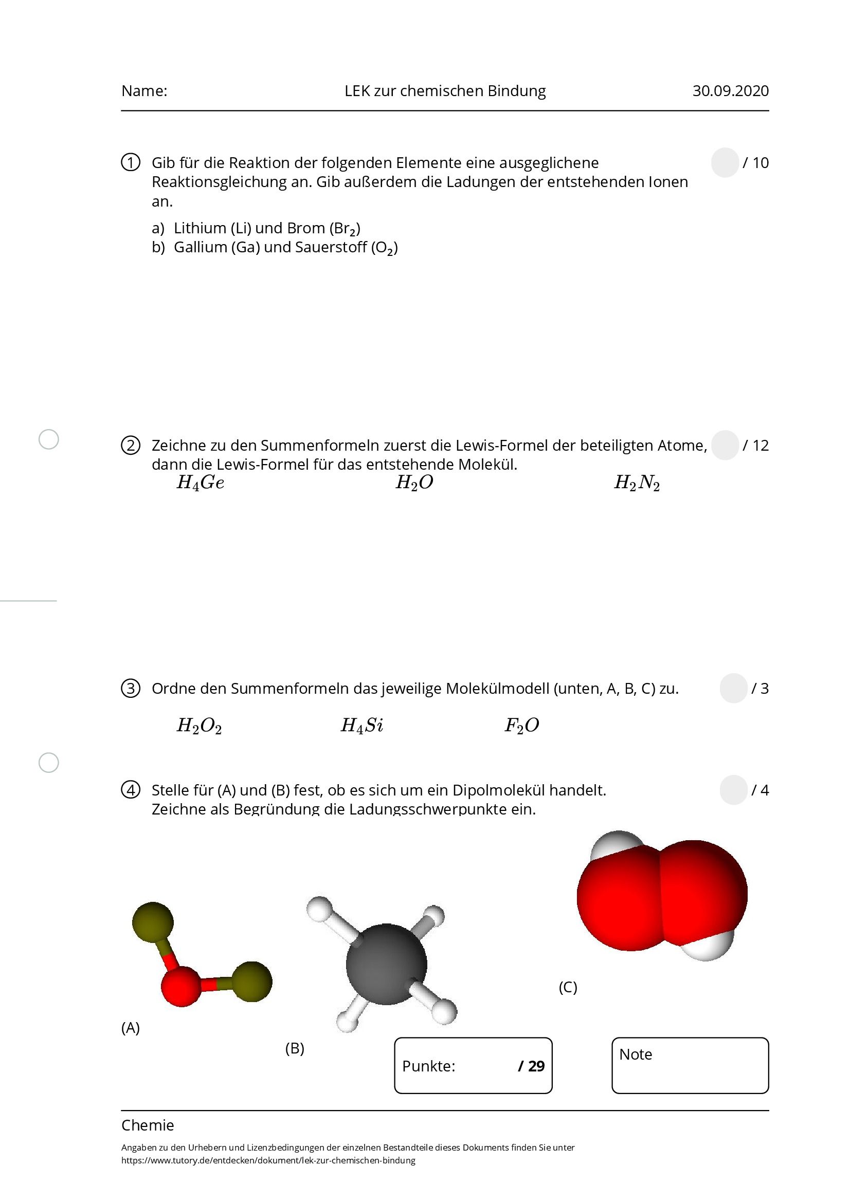 Arbeitsblatt - LEK Zur Chemischen Bindung - Chemie - Tutory.de