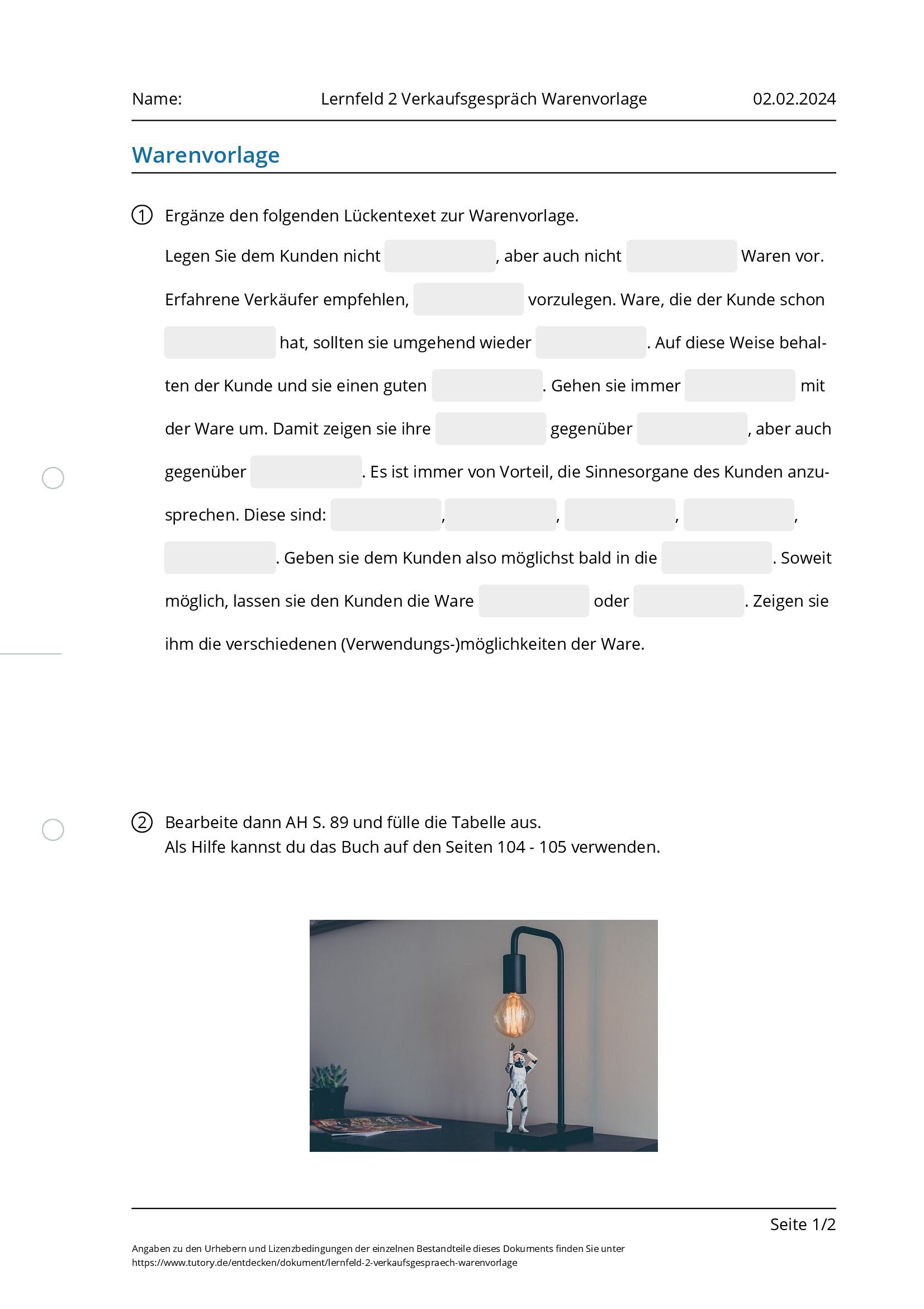 Arbeitsblatt - Lernfeld 2 Verkaufsgespräch Warenvorlage - Tutory.de