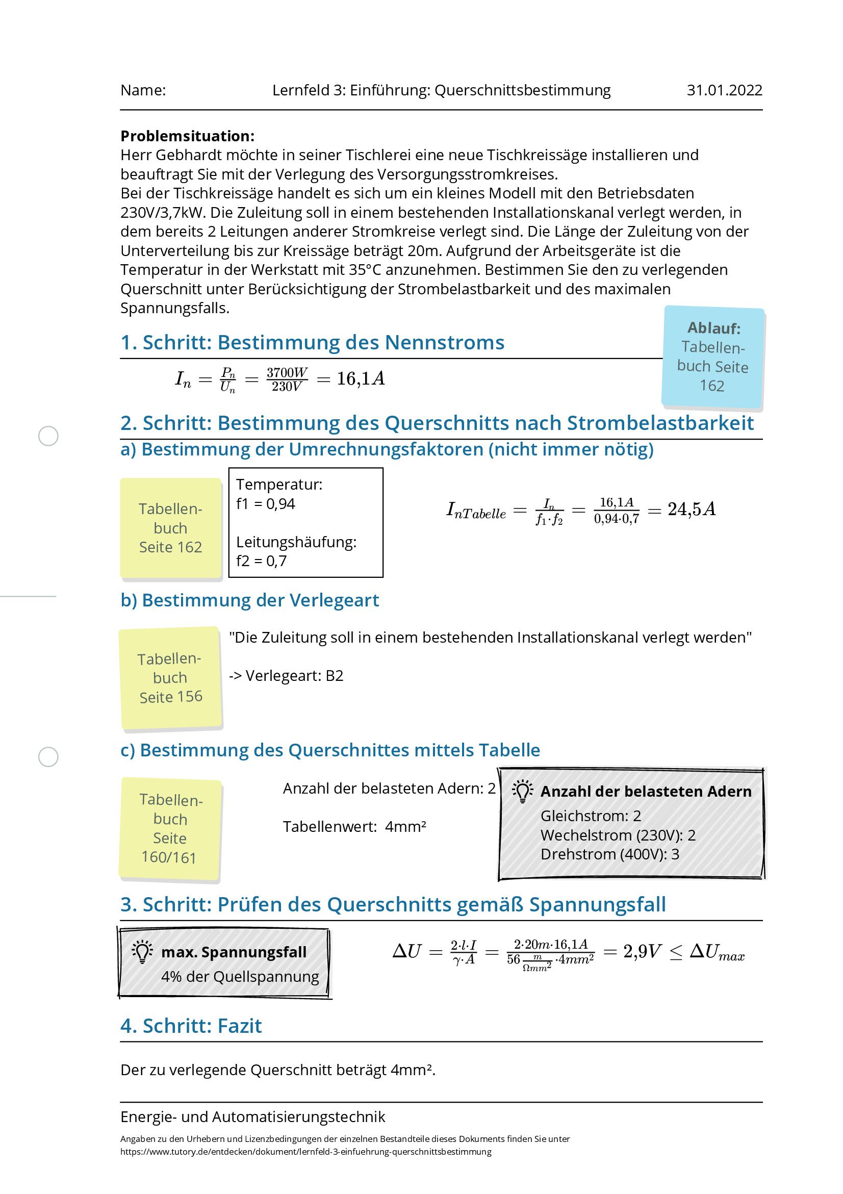 Arbeitsblatt - Lernfeld 3: Einführung: Querschnittsbestimmung - Energie ...