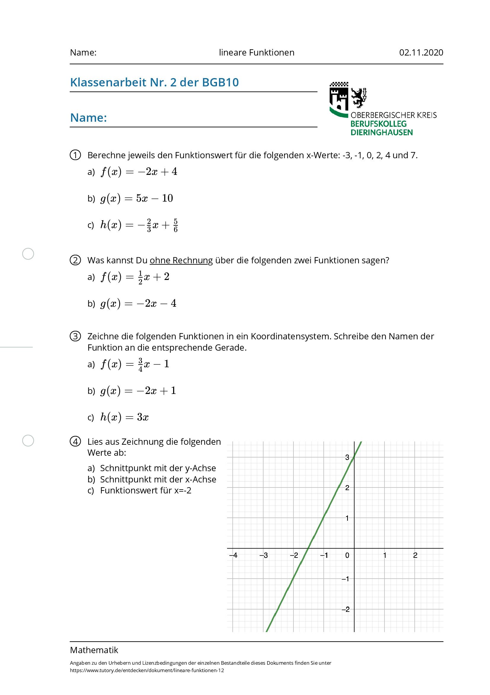 Arbeitsblatt - Lineare Funktionen - Mathematik - Tutory.de