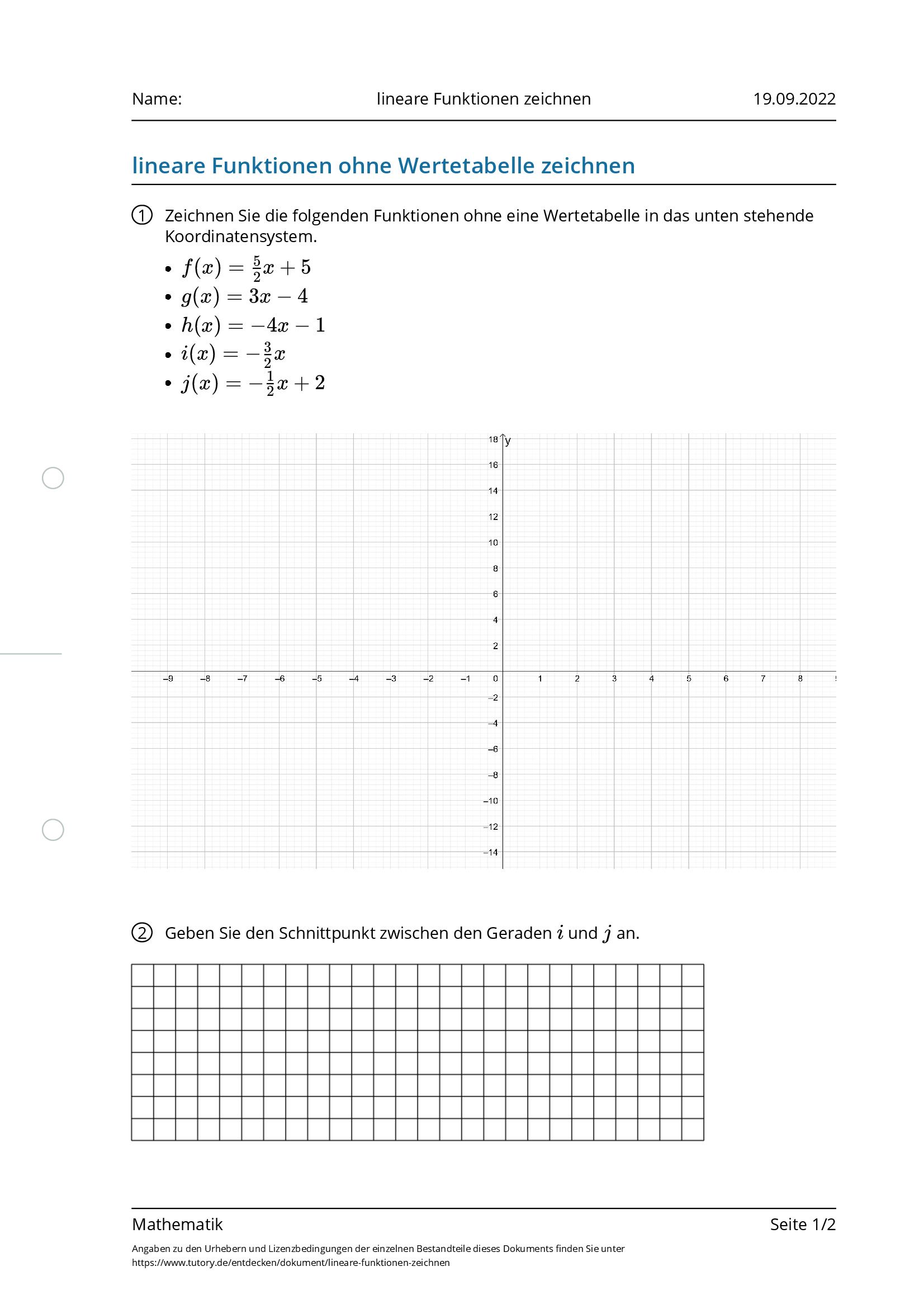 Arbeitsblatt - Lineare Funktionen Zeichnen - Mathematik - Tutory.de