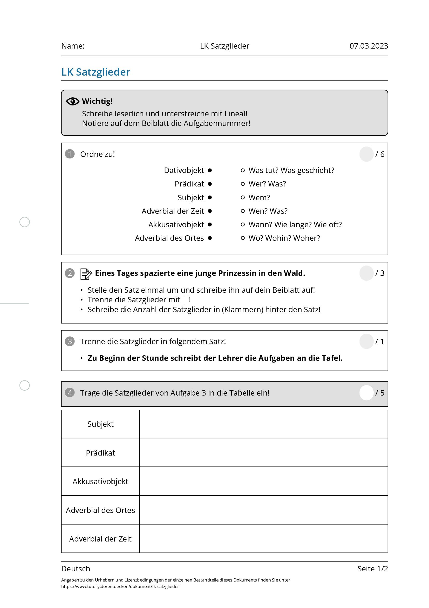 Arbeitsblatt - LK Satzglieder - Deutsch - Tutory.de