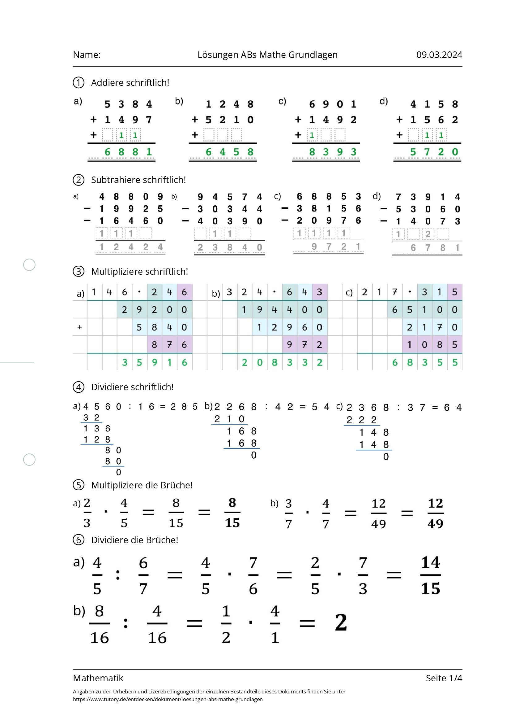 Arbeitsblatt - Lösungen ABs Mathe Grundlagen - Mathematik - Tutory.de