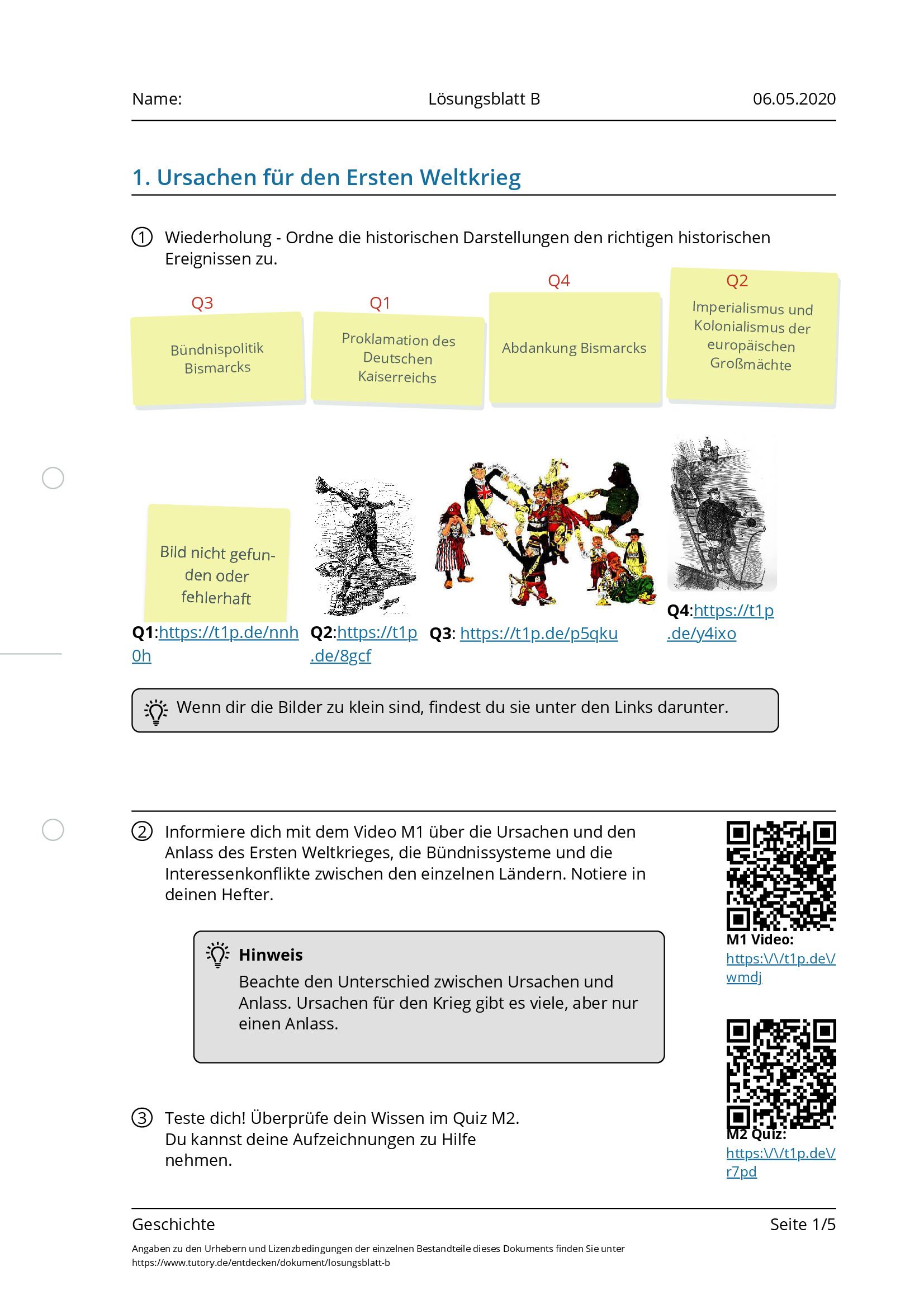 Arbeitsblatt - Lösungsblatt B - Geschichte - Tutory.de