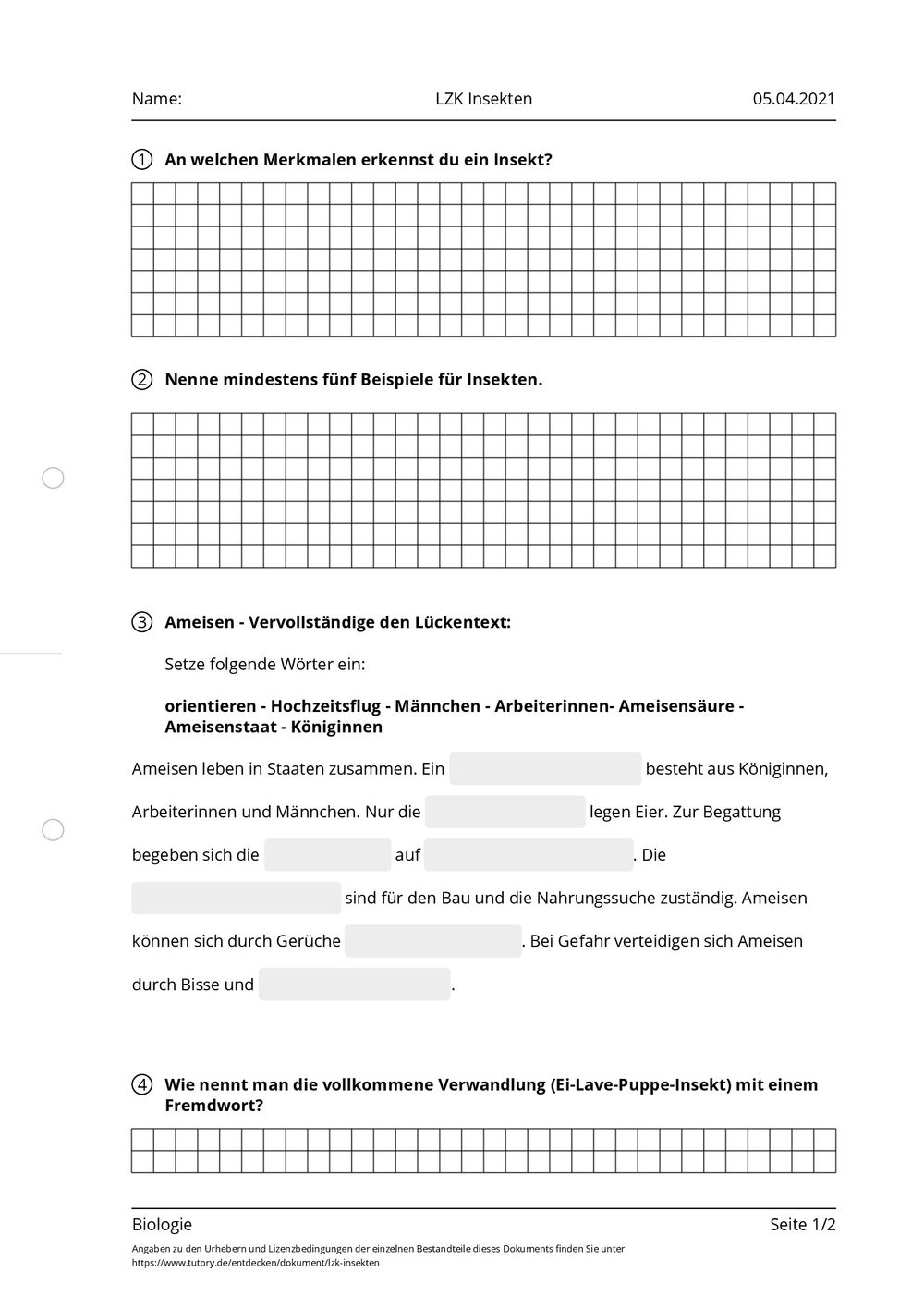 Arbeitsblatt - LZK Insekten - Biologie - tutory.de