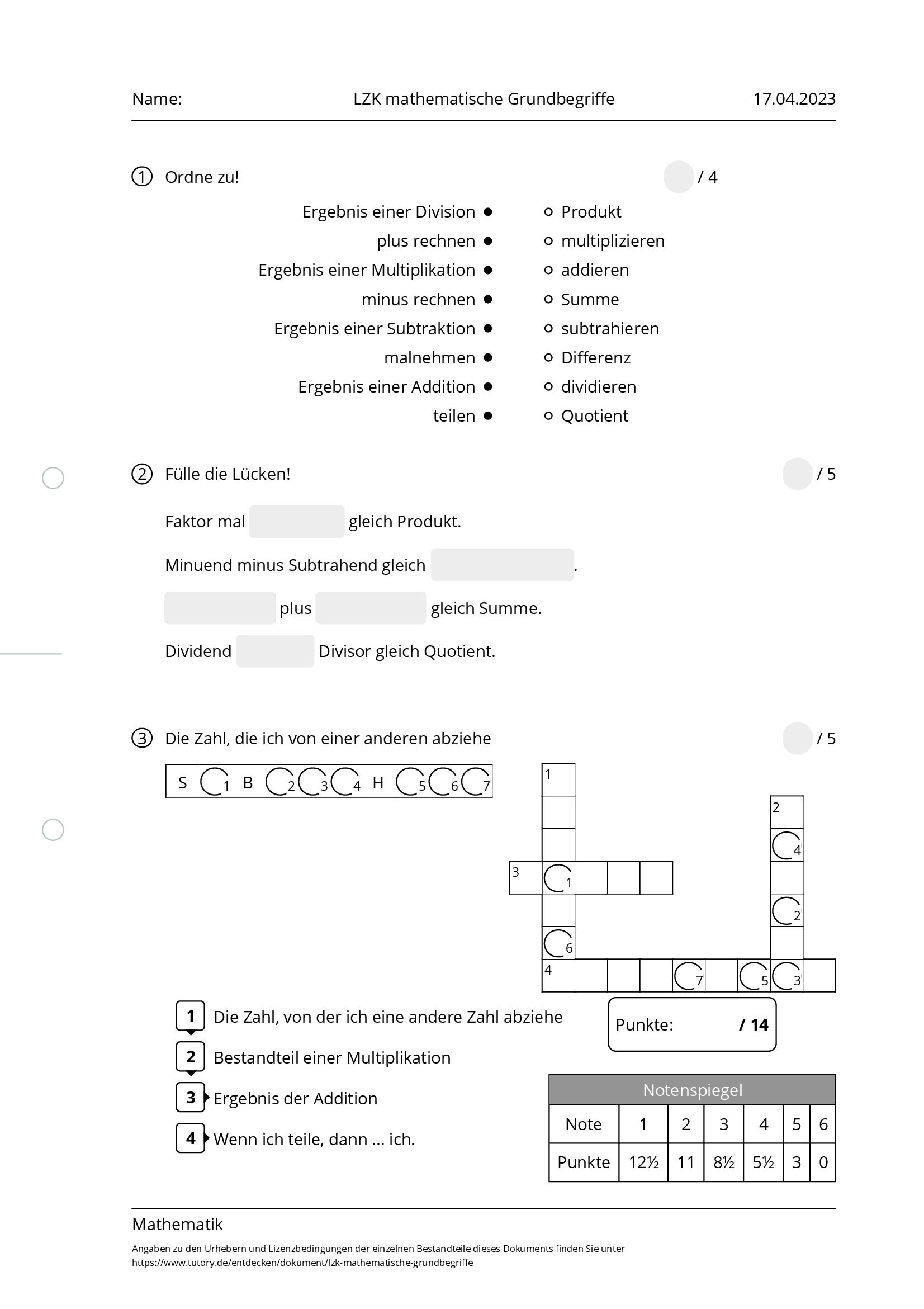 Arbeitsblatt - LZK Mathematische Grundbegriffe - Mathematik - Tutory.de