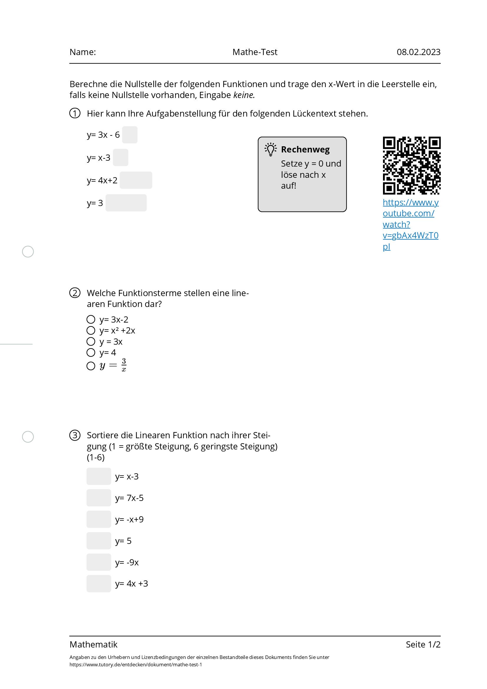 Arbeitsblatt - Mathe-Test - Mathematik - Tutory.de