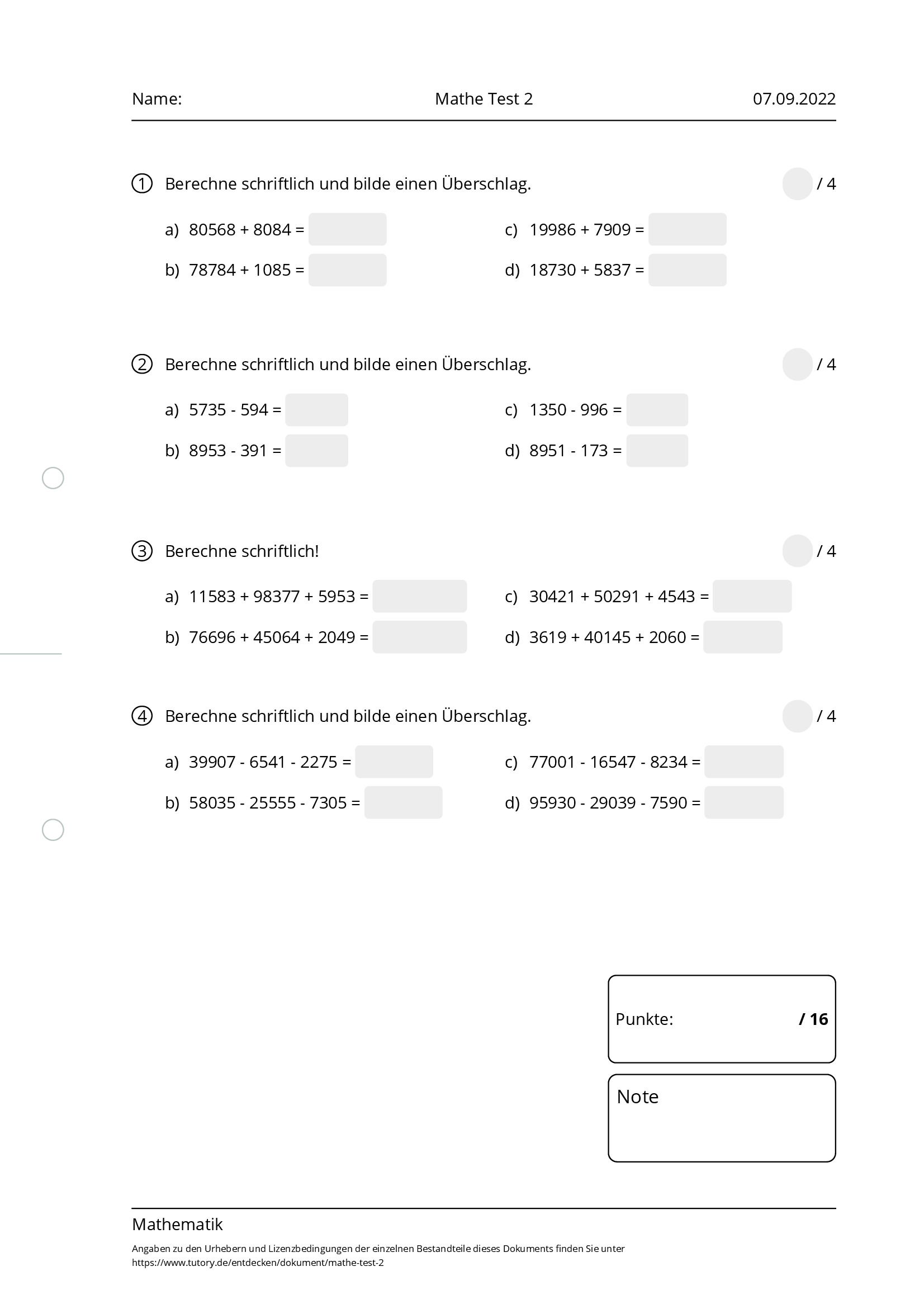 Arbeitsblatt - Mathe Test 2 - Mathematik - Tutory.de