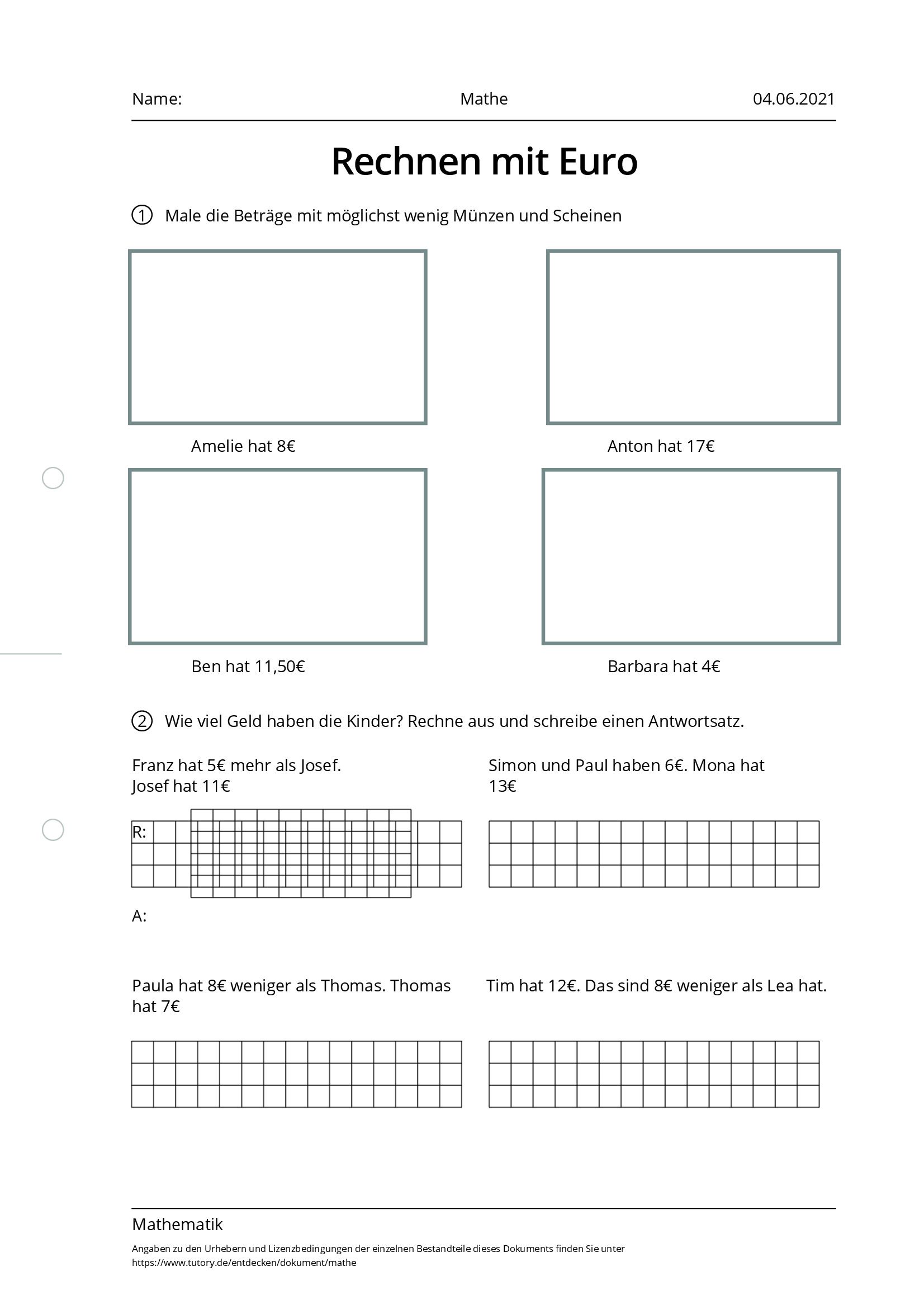 Arbeitsblatt - Mathe - Mathematik - Tutory.de