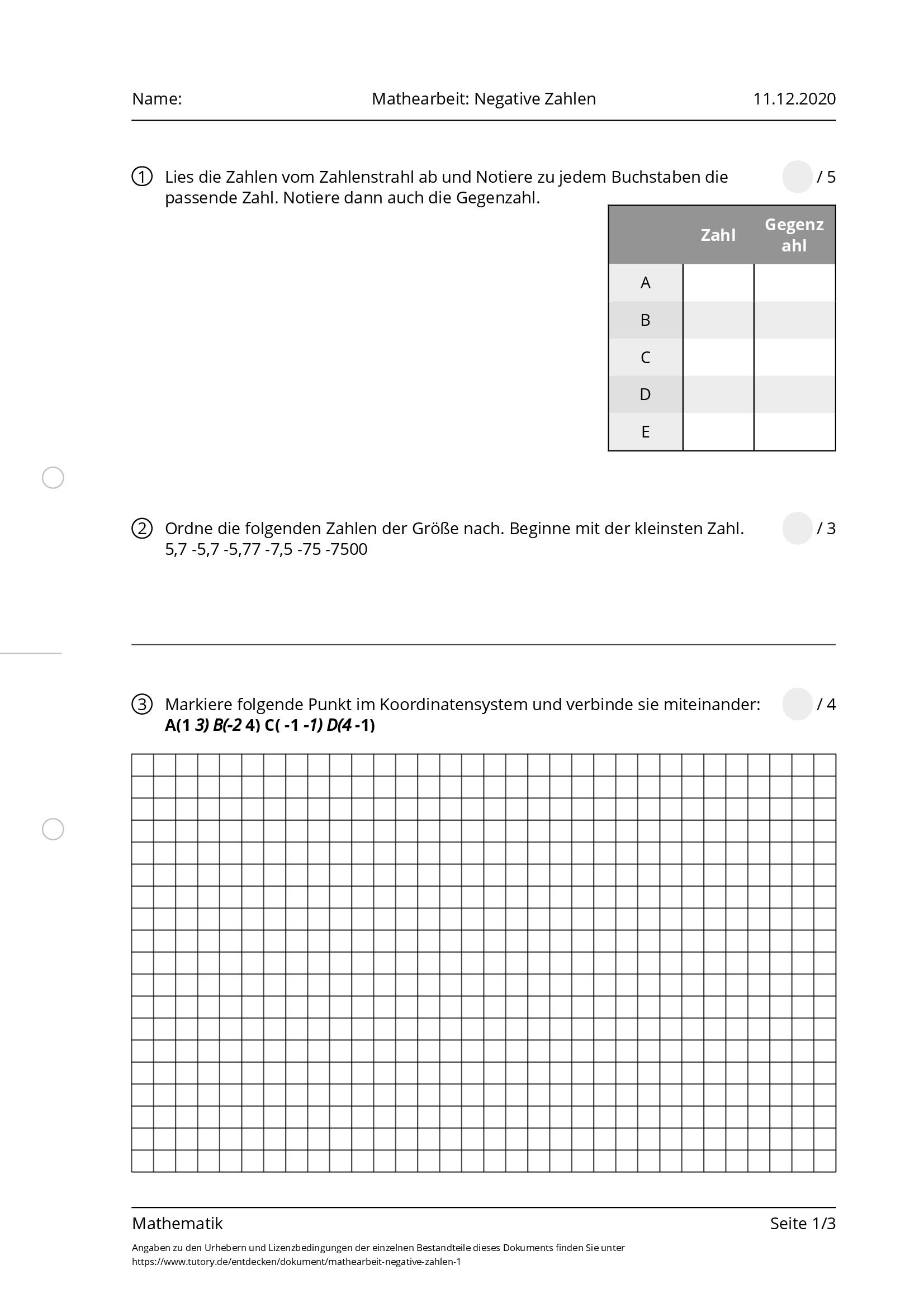 Arbeitsblatt - Mathearbeit: Negative Zahlen - Mathematik - Tutory.de