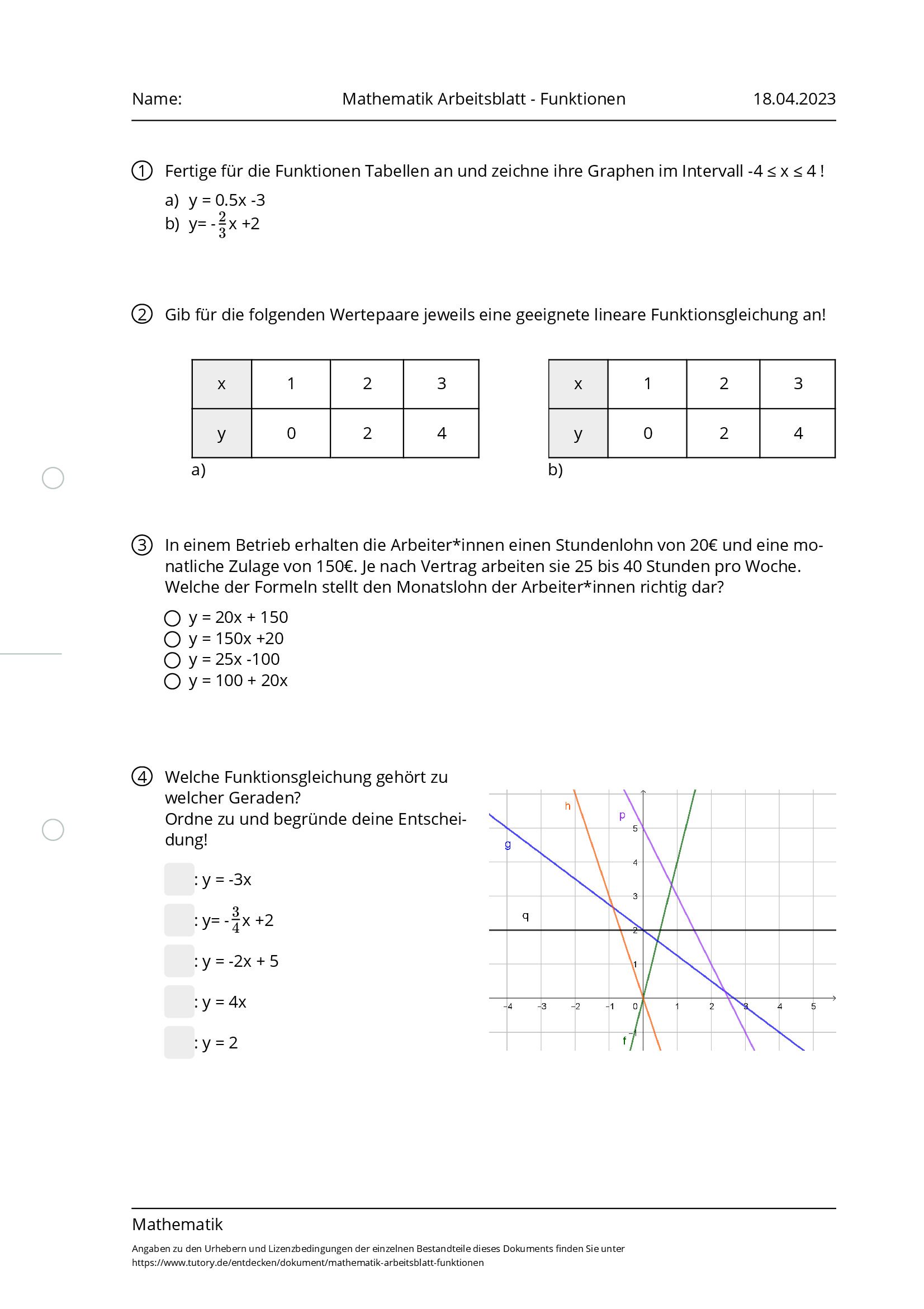 Arbeitsblatt - Mathematik Arbeitsblatt - Funktionen - Mathematik ...