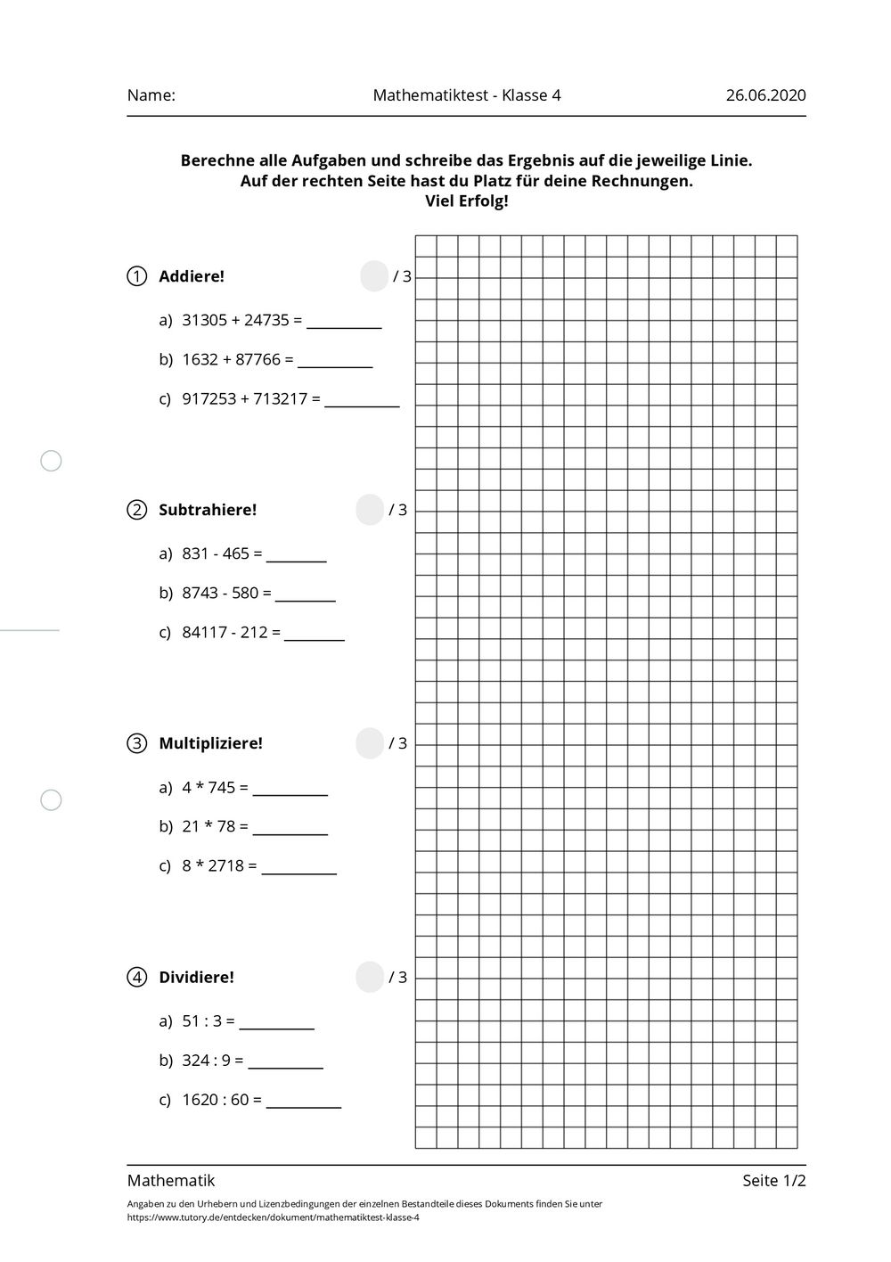 Arbeitsblatt - Mathematiktest - Klasse 4 - Mathematik - tutory.de