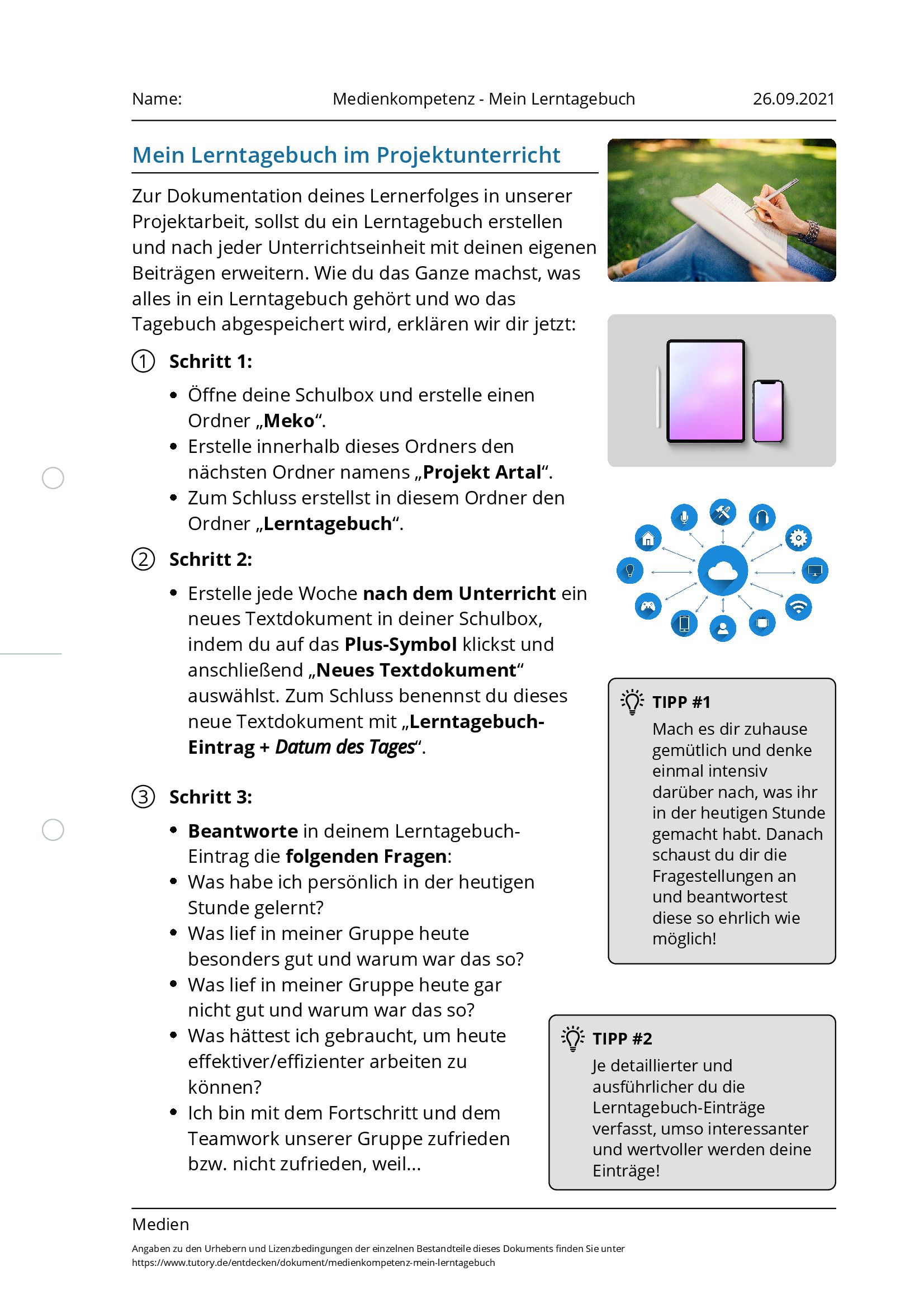 Arbeitsblatt - Medienkompetenz - Mein Lerntagebuch - Medien - Tutory.de