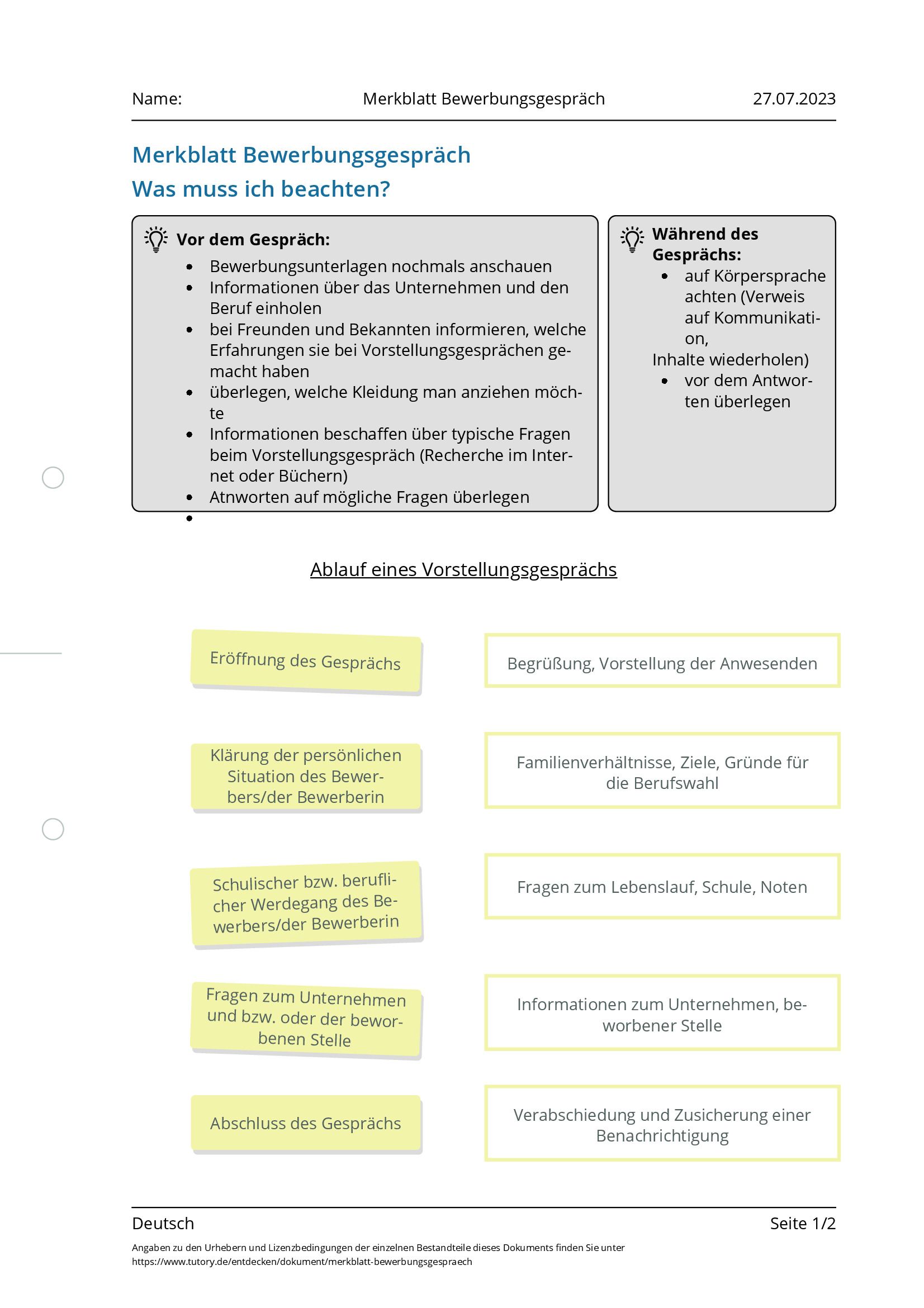 Arbeitsblatt - Merkblatt Bewerbungsgespräch - Deutsch - Tutory.de