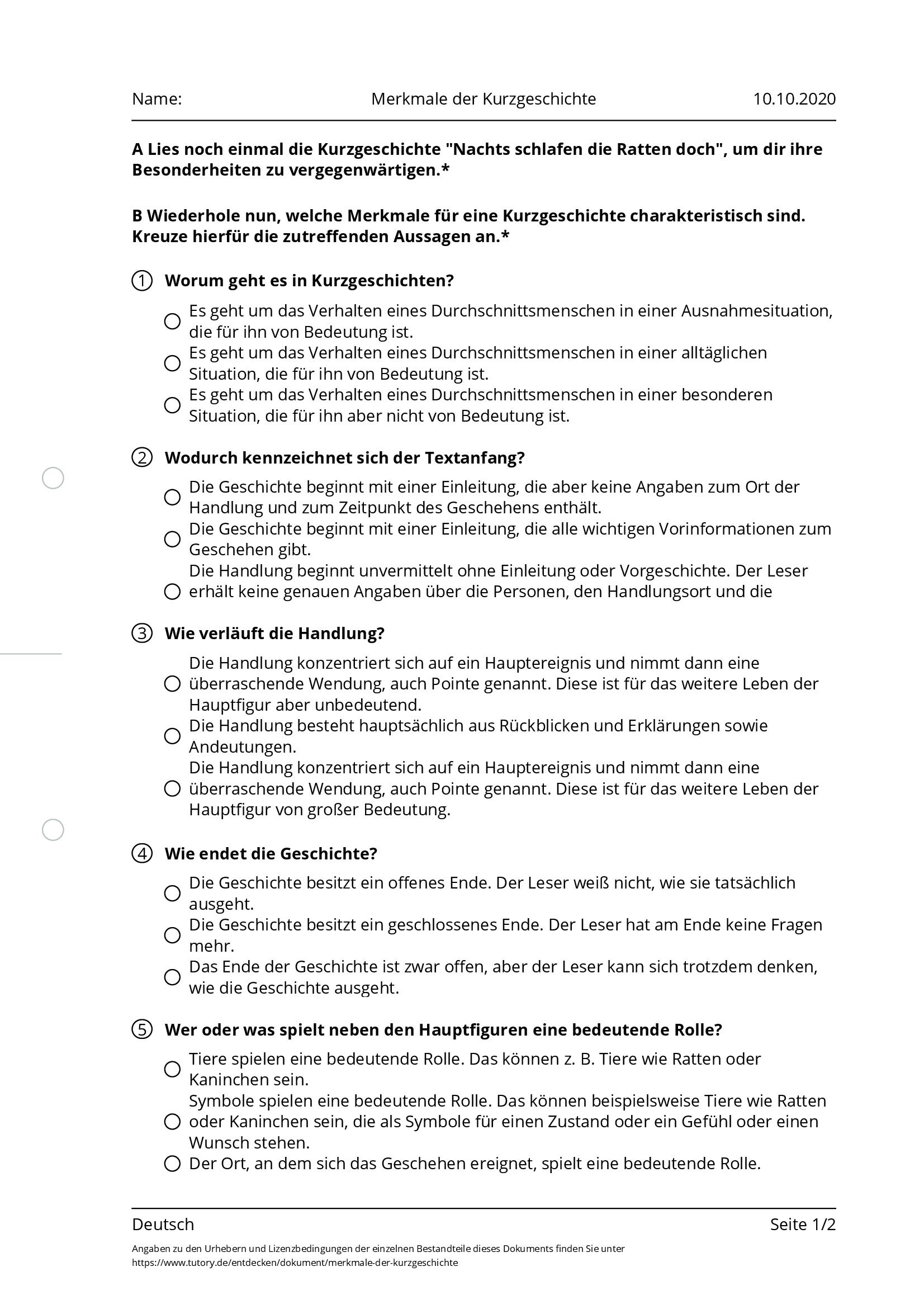 Arbeitsblatt - Merkmale Der Kurzgeschichte - Deutsch - Tutory.de